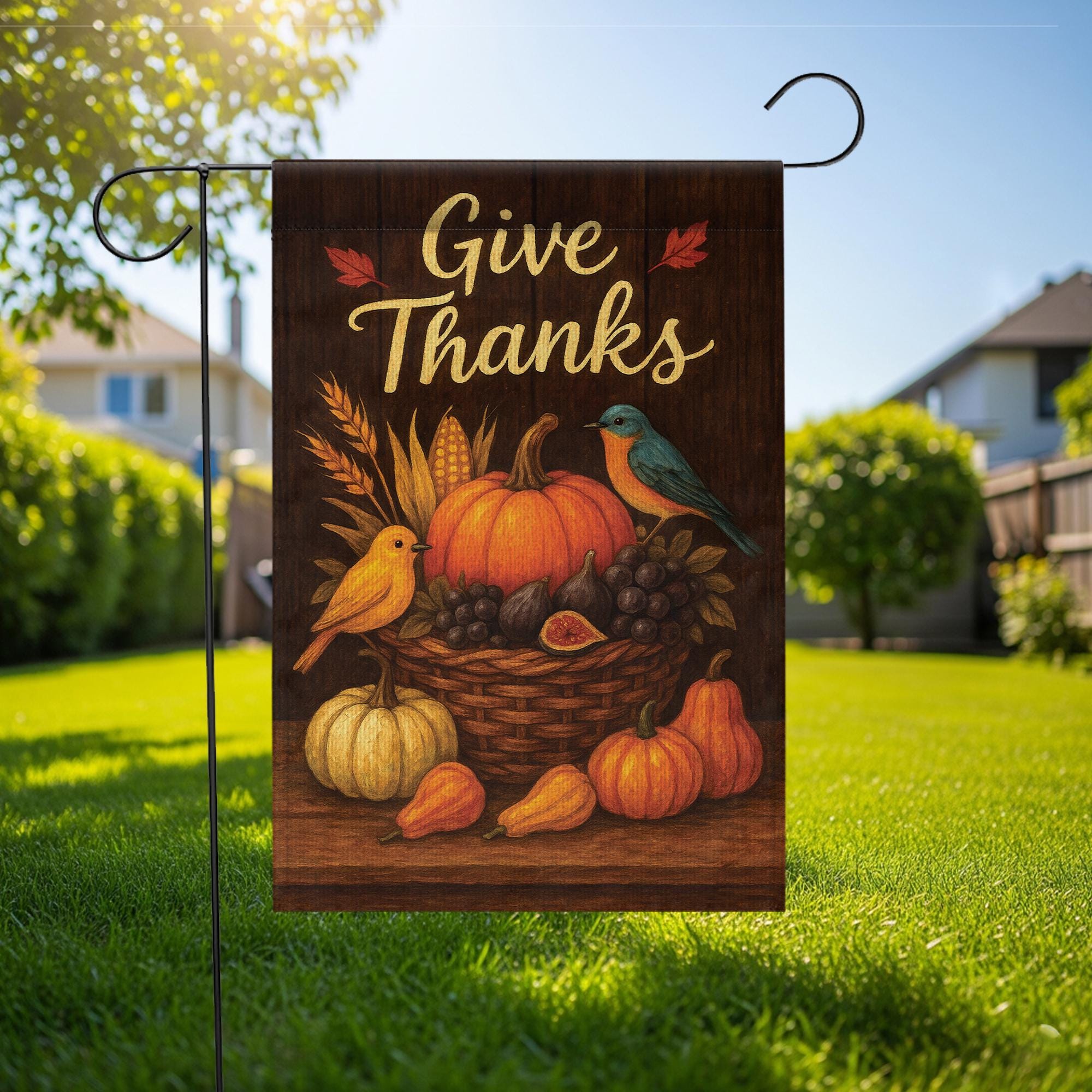 Give Thanks Garden Flag: Rustic Autumn Harvest Pumpkins & Birds Yard Decor
