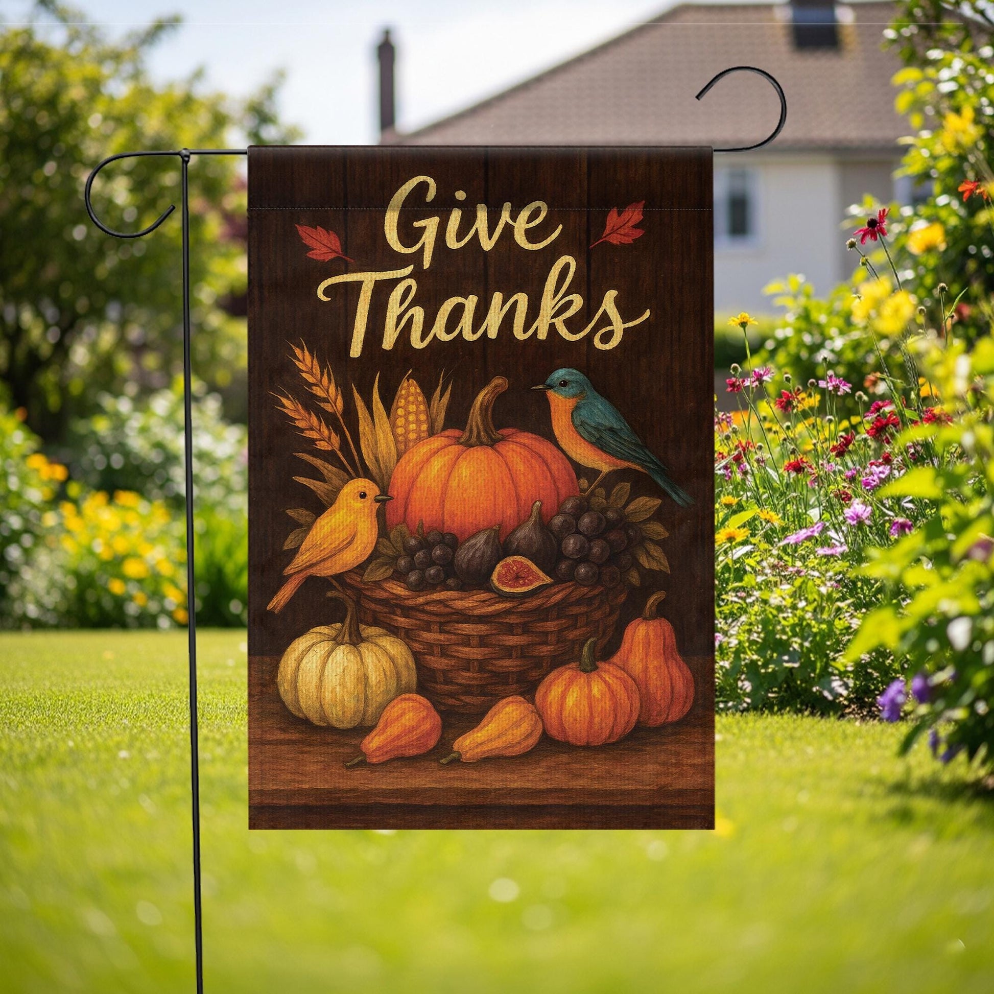 Give Thanks Garden Flag: Rustic Autumn Harvest Pumpkins & Birds Yard Decor