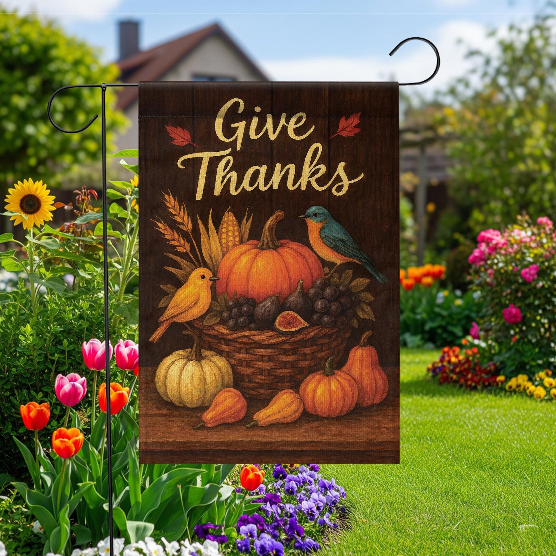 Give Thanks Garden Flag: Rustic Autumn Harvest Pumpkins & Birds Yard Decor