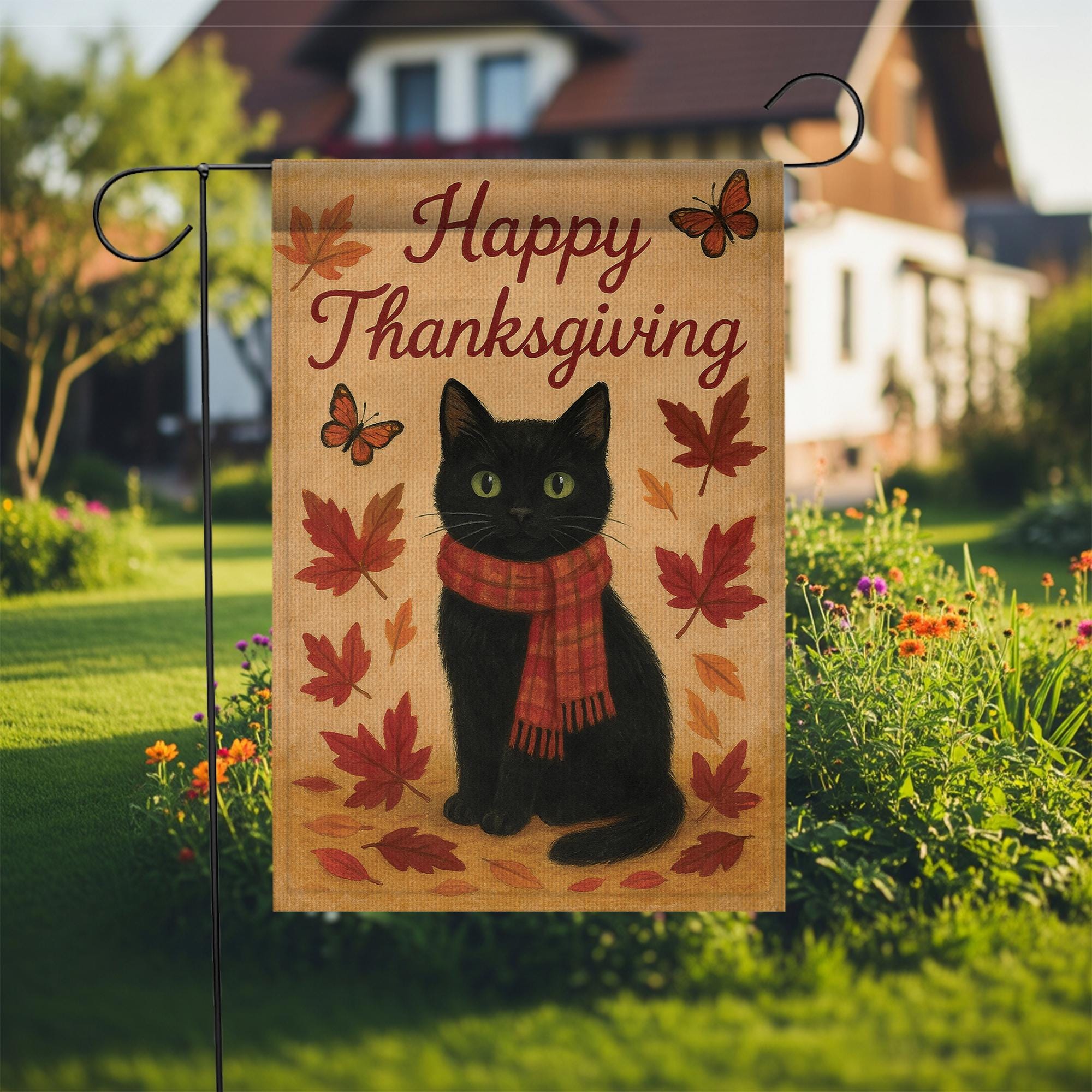 Happy Thanksgiving Cat Flag: Autumn Black Cat Yard Decor