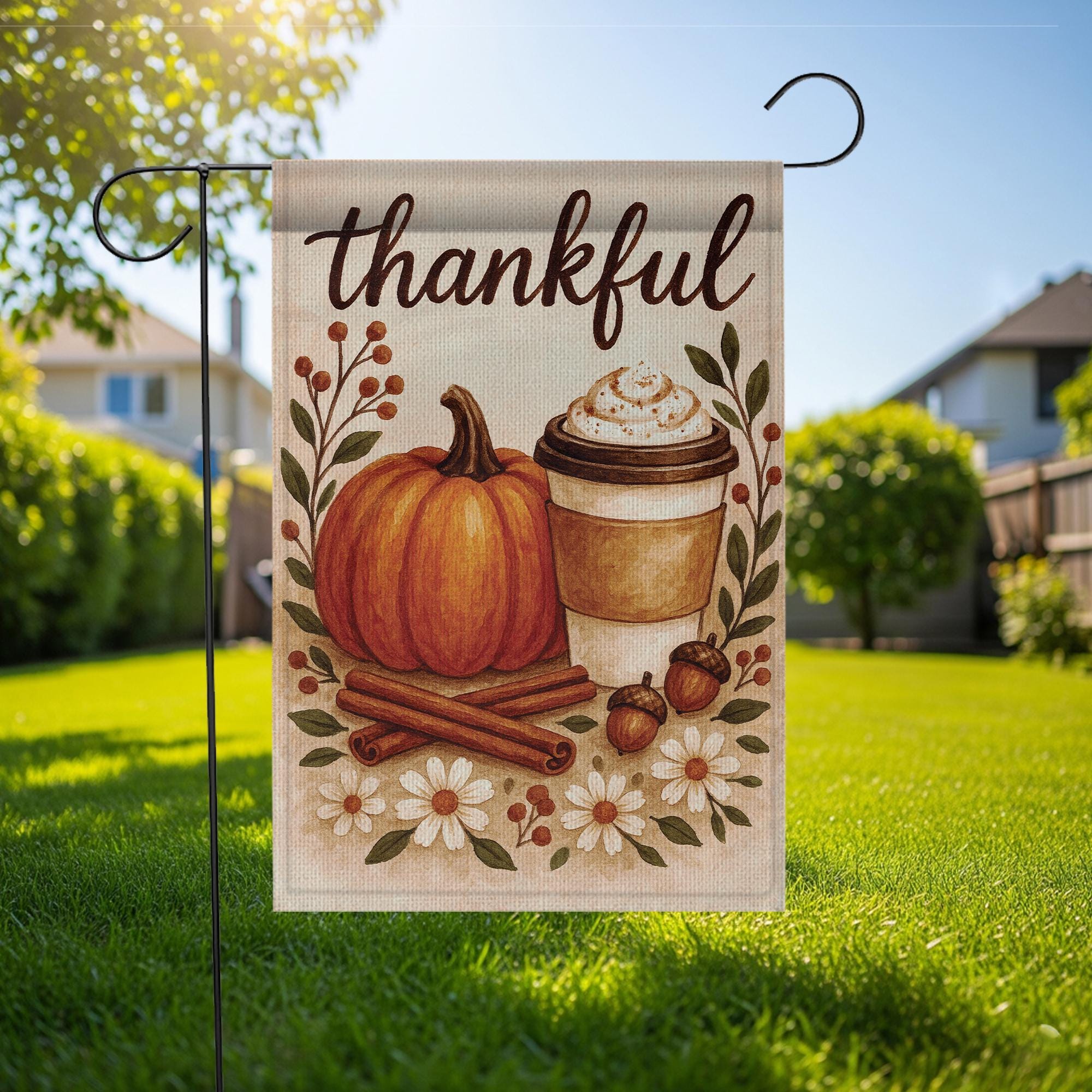 Thankful Autumn Pumpkin Latte Flag: Thanksgiving Outdoor Porch Flag