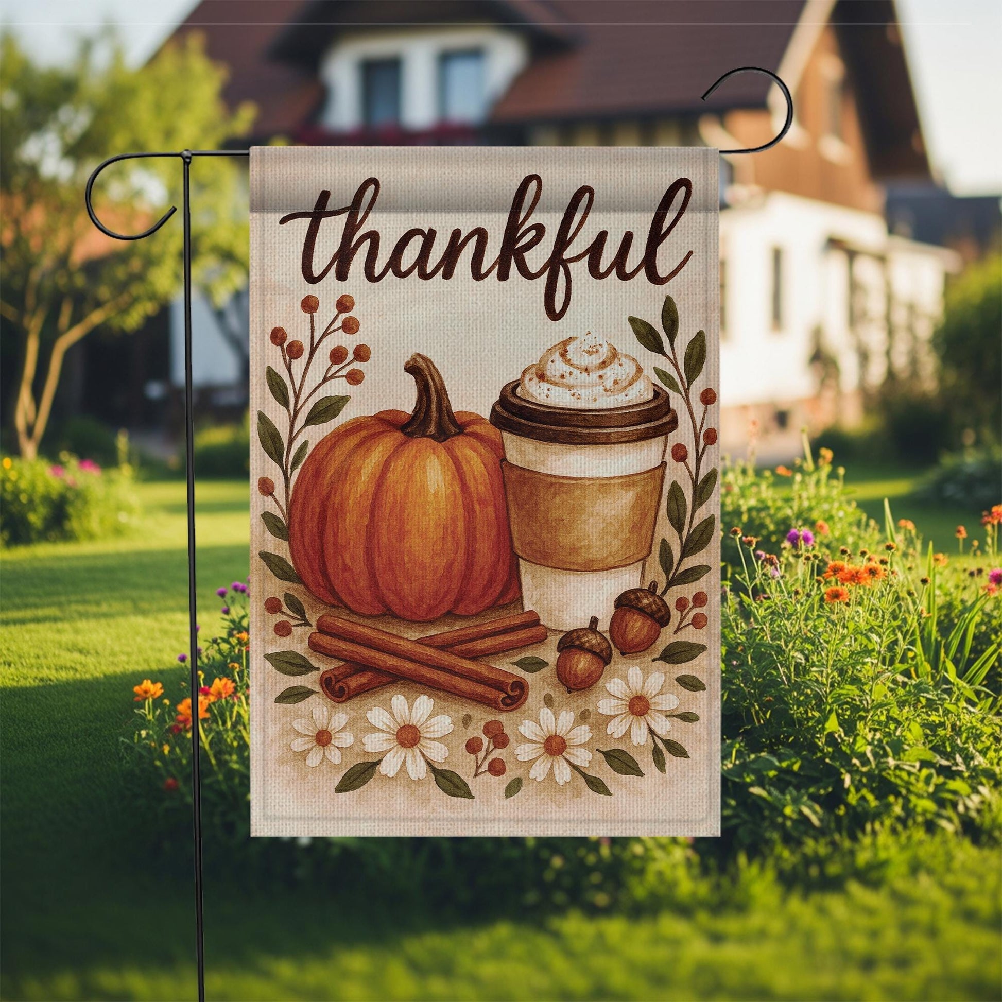 Thankful Autumn Pumpkin Latte Flag: Thanksgiving Outdoor Porch Flag