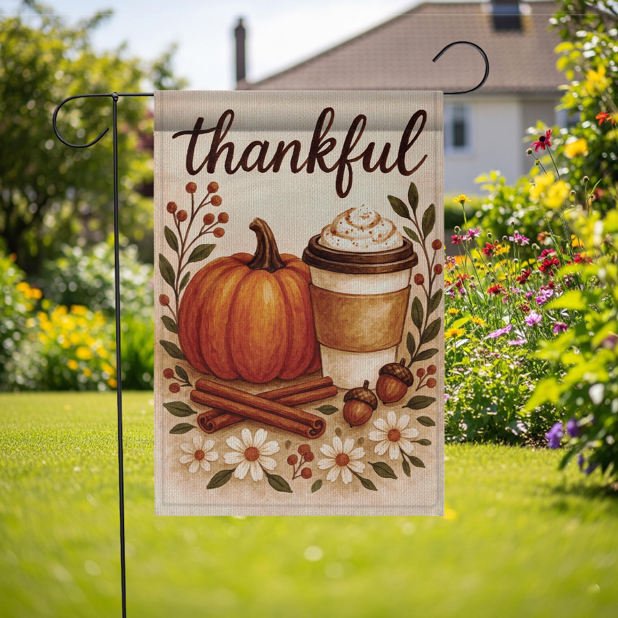 Thankful Autumn Pumpkin Latte Flag: Thanksgiving Outdoor Porch Flag
