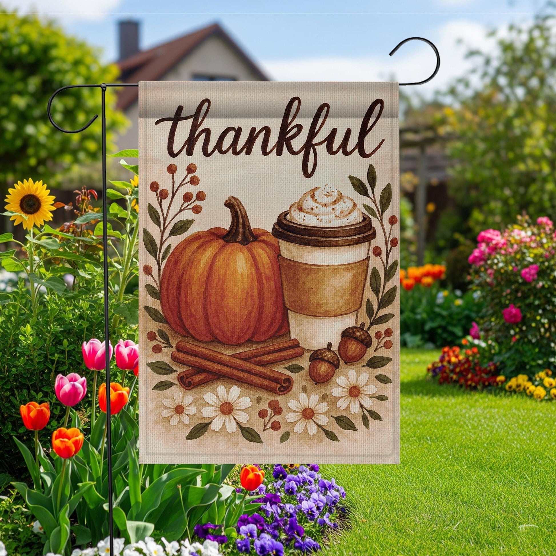 Thankful Autumn Pumpkin Latte Flag: Thanksgiving Outdoor Porch Flag