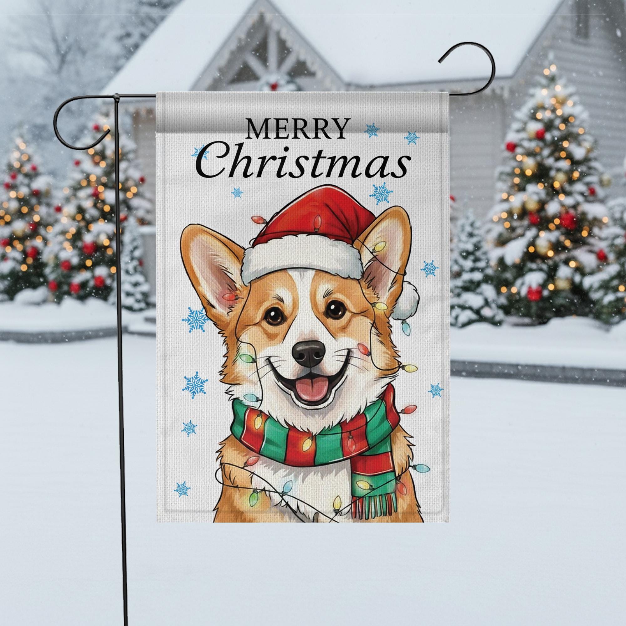 Personalized Dog Garden Flag: Christmas Corgi Design with Santa Hat & Scarf