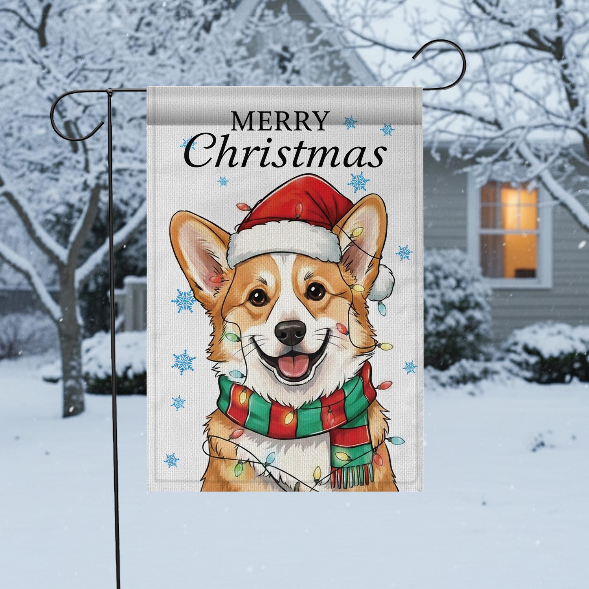 Personalized Dog Garden Flag: Christmas Corgi Design with Santa Hat & Scarf