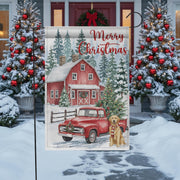 Christmas Garden Flag: Red Barn with Vintage Truck and Dog