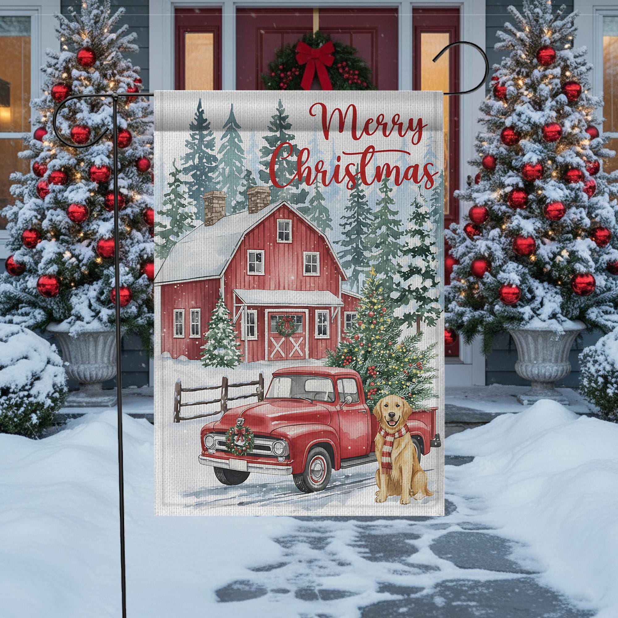 Christmas Garden Flag: Red Barn with Vintage Truck and Dog