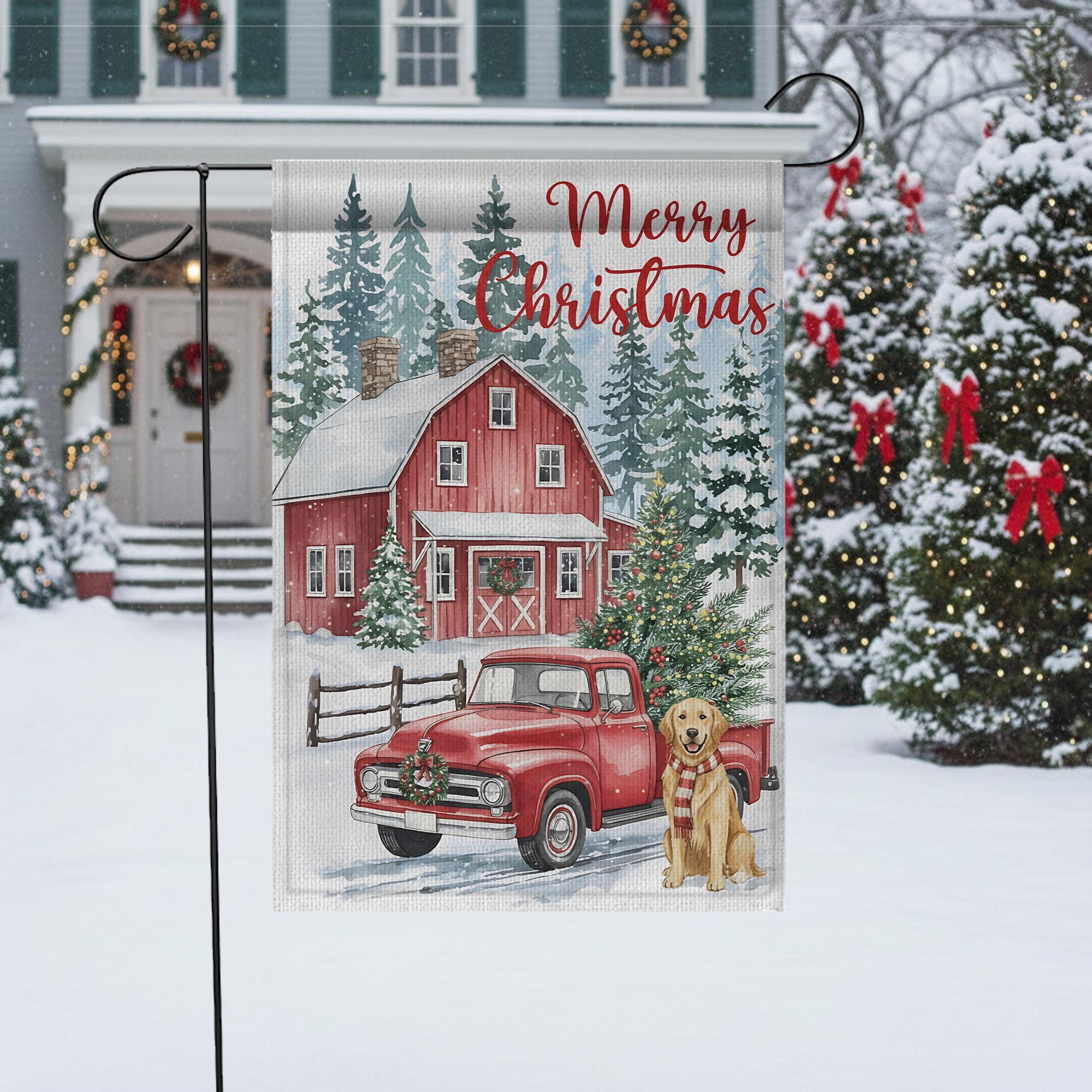 Christmas Garden Flag: Red Barn with Vintage Truck and Dog