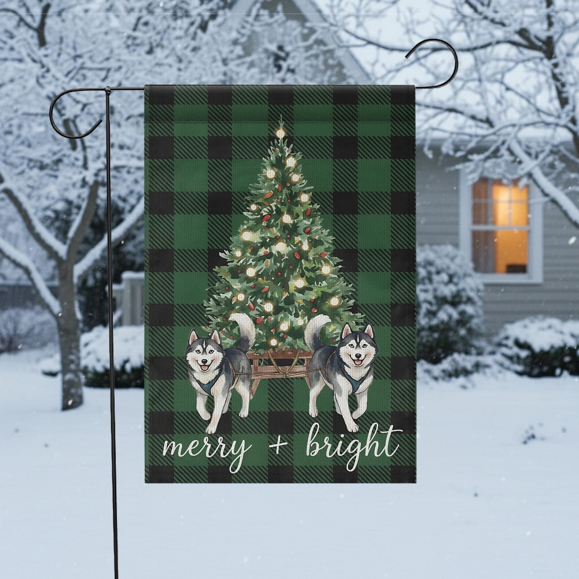 Green Plaid Christmas Garden Flag with Husky Dogs - Winter Holiday Decor