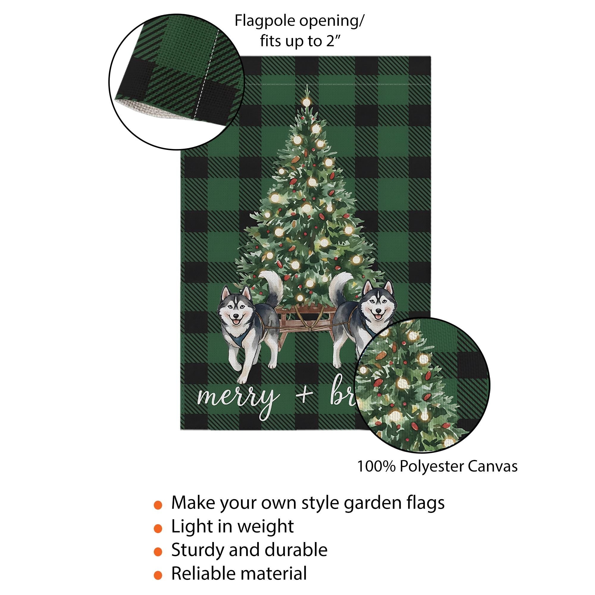 Green Plaid Christmas Garden Flag with Husky Dogs - Winter Holiday Decor