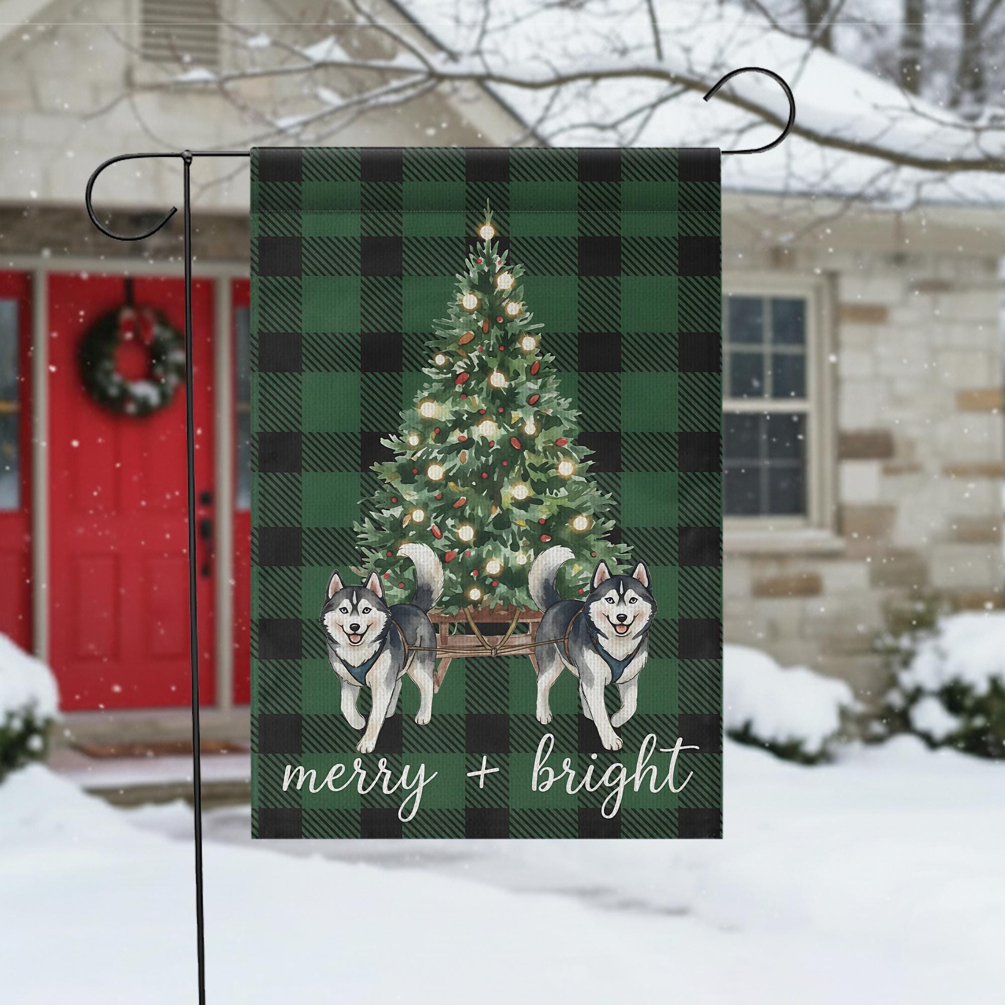 Green Plaid Christmas Garden Flag with Husky Dogs - Winter Holiday Decor