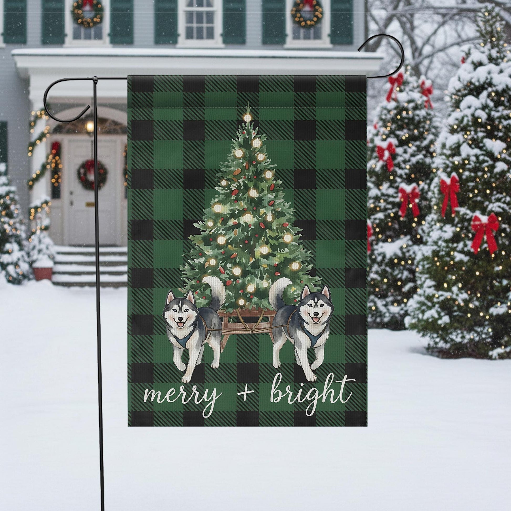 Green Plaid Christmas Garden Flag with Husky Dogs - Winter Holiday Decor