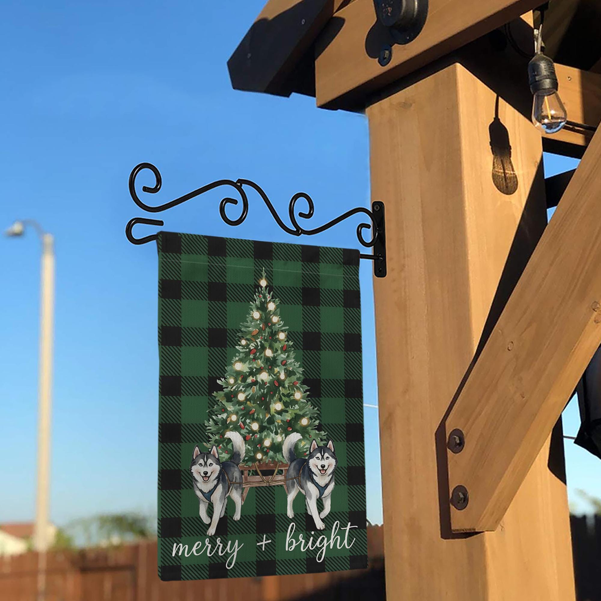 Green Plaid Christmas Garden Flag with Husky Dogs - Winter Holiday Decor