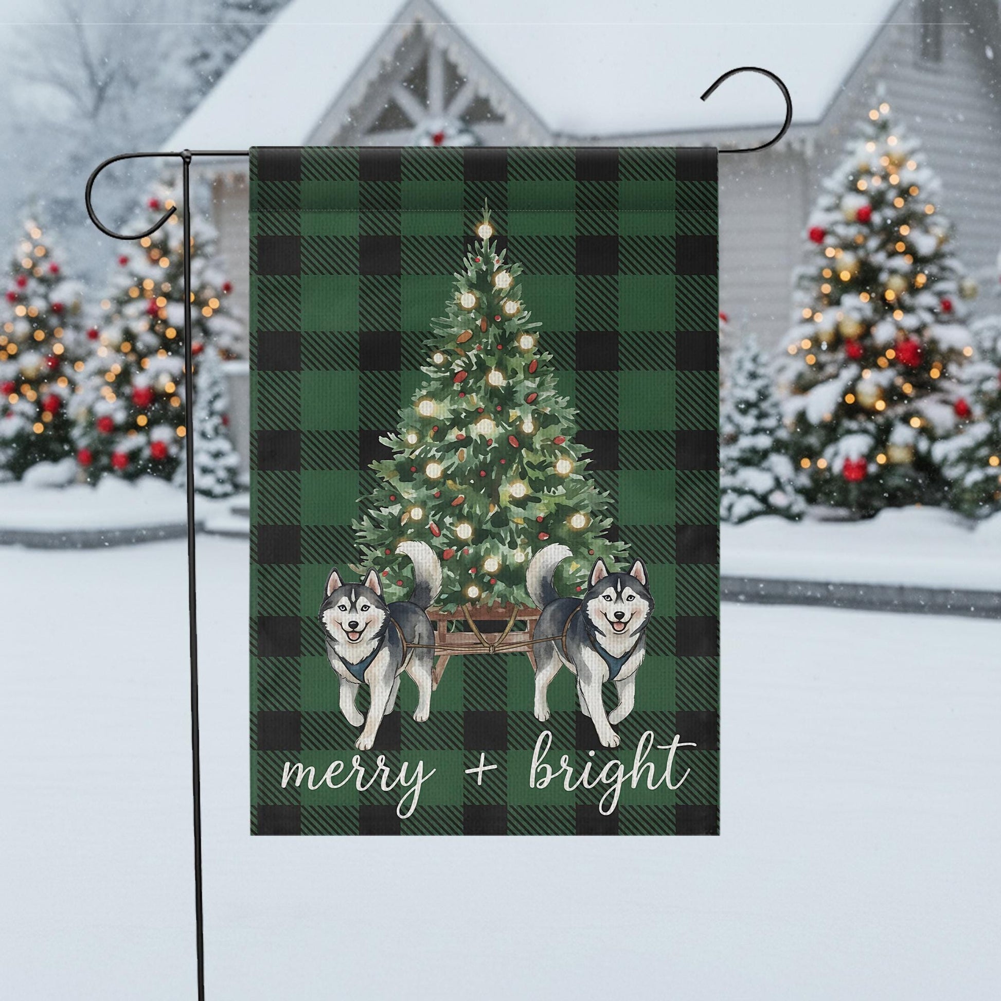 Green Plaid Christmas Garden Flag with Husky Dogs - Winter Holiday Decor