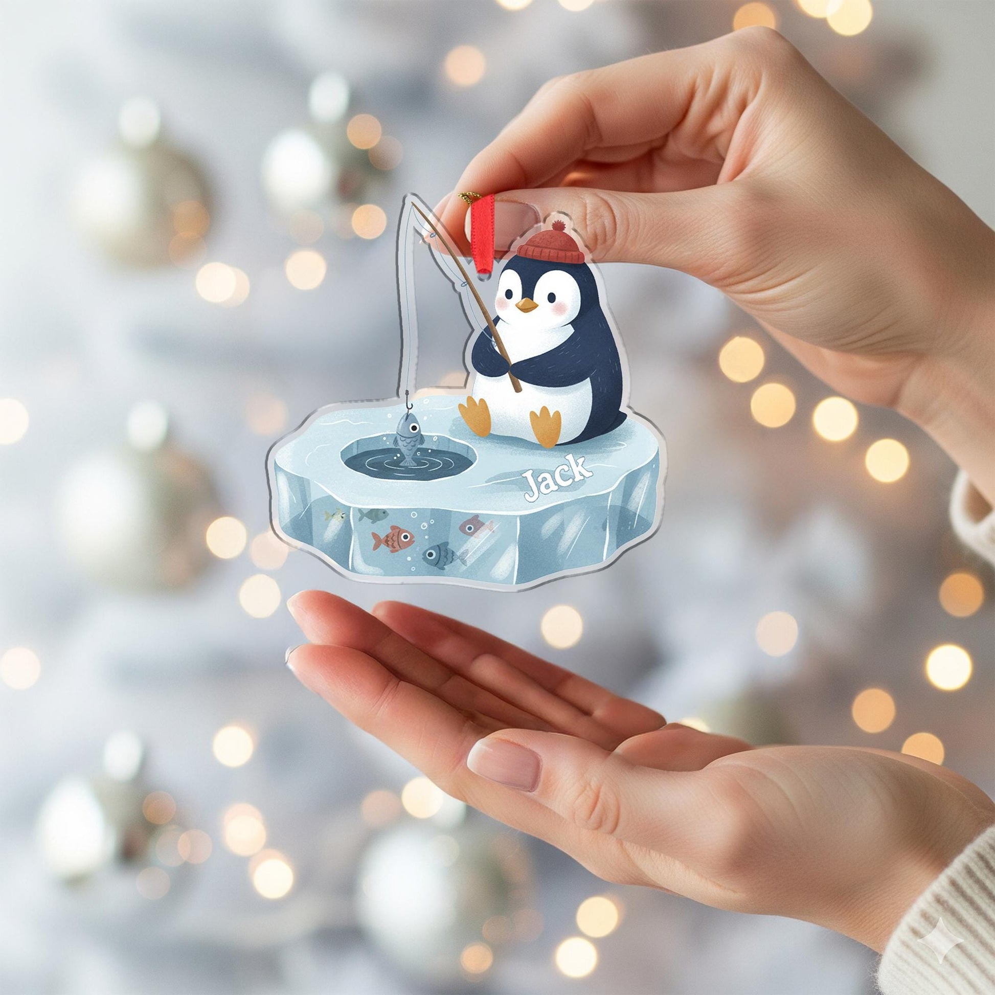 Personalized Penguin Christmas Ornament – Acrylic Hanging Decoration with Ice Fishing Design