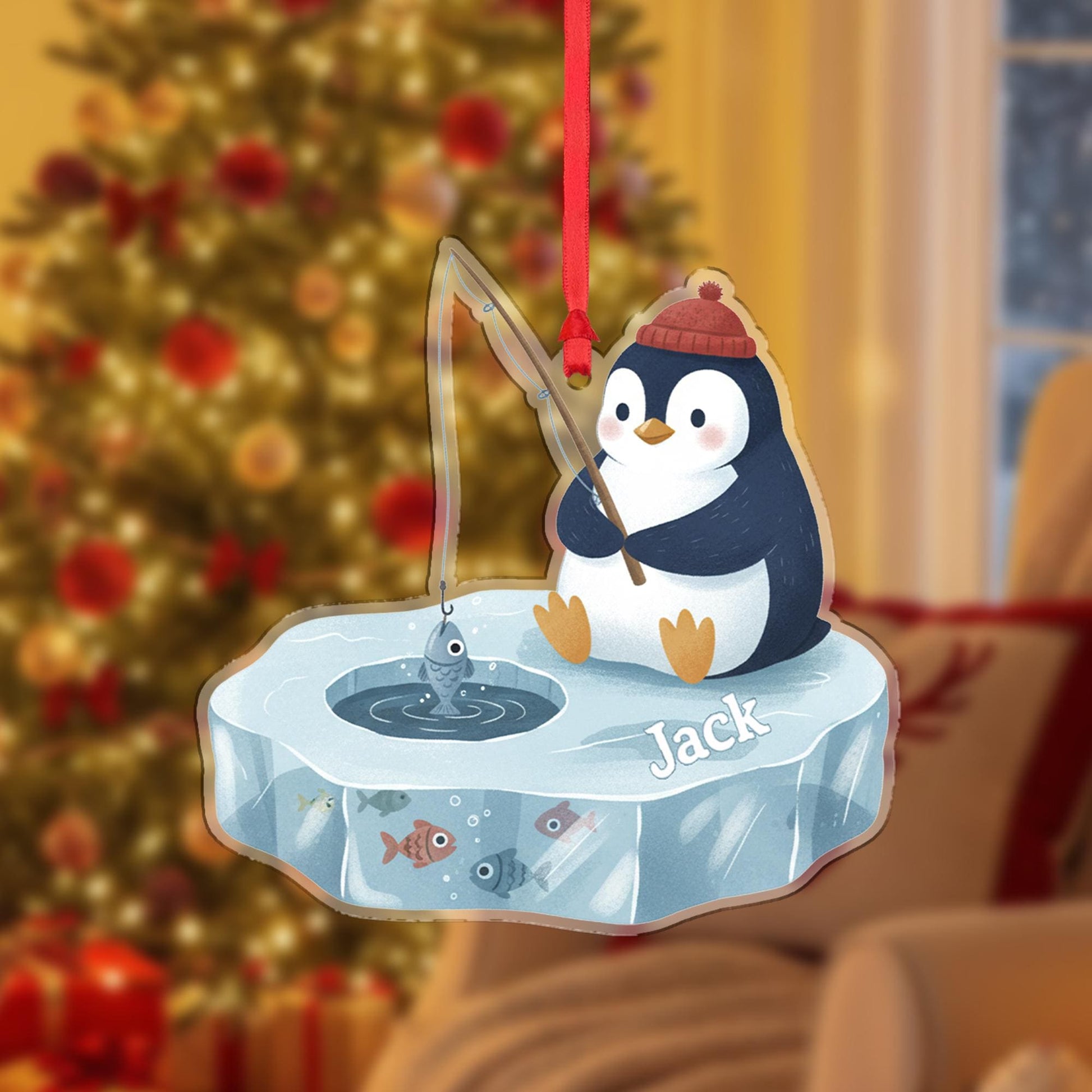 Personalized Penguin Christmas Ornament – Acrylic Hanging Decoration with Ice Fishing Design
