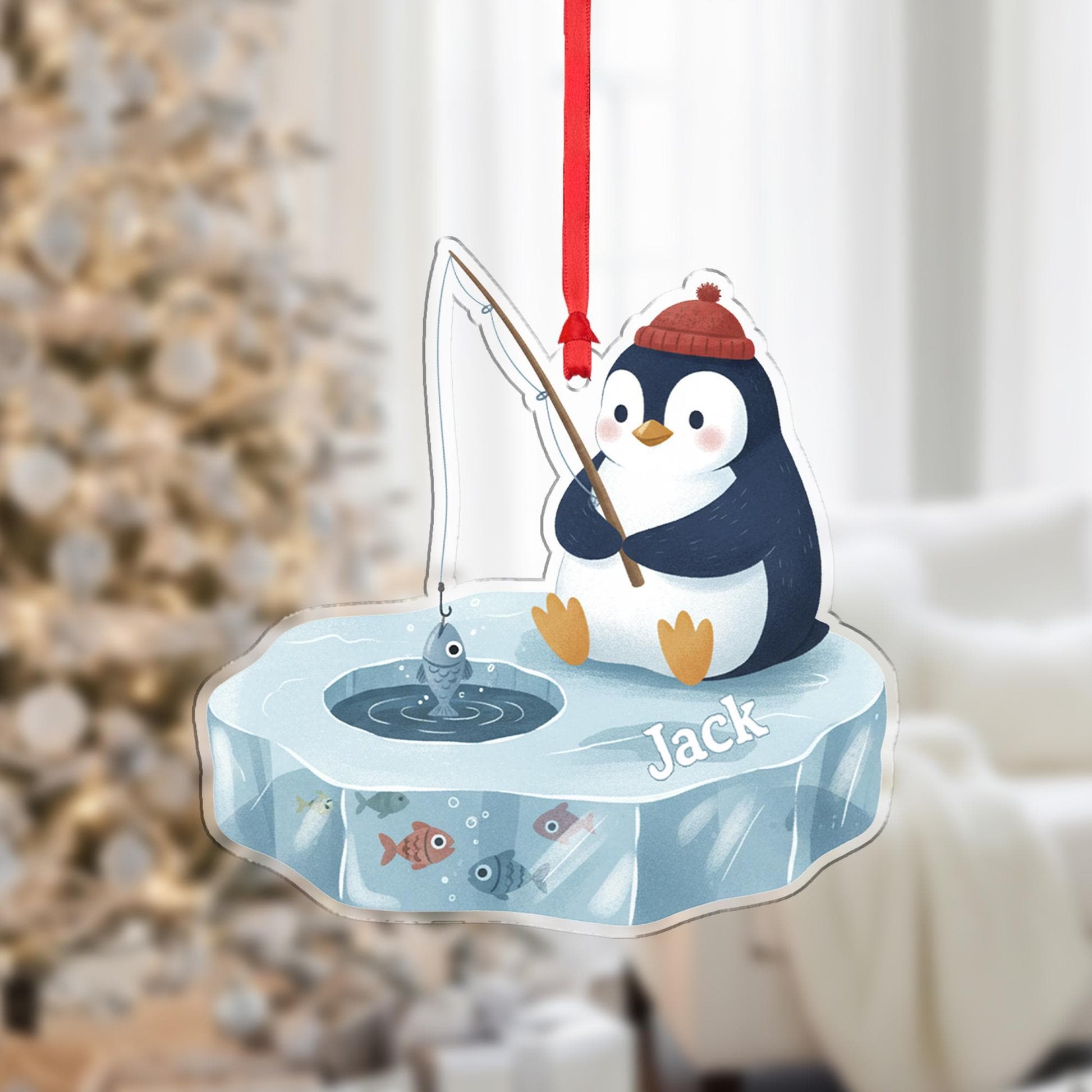 Personalized Penguin Christmas Ornament – Acrylic Hanging Decoration with Ice Fishing Design