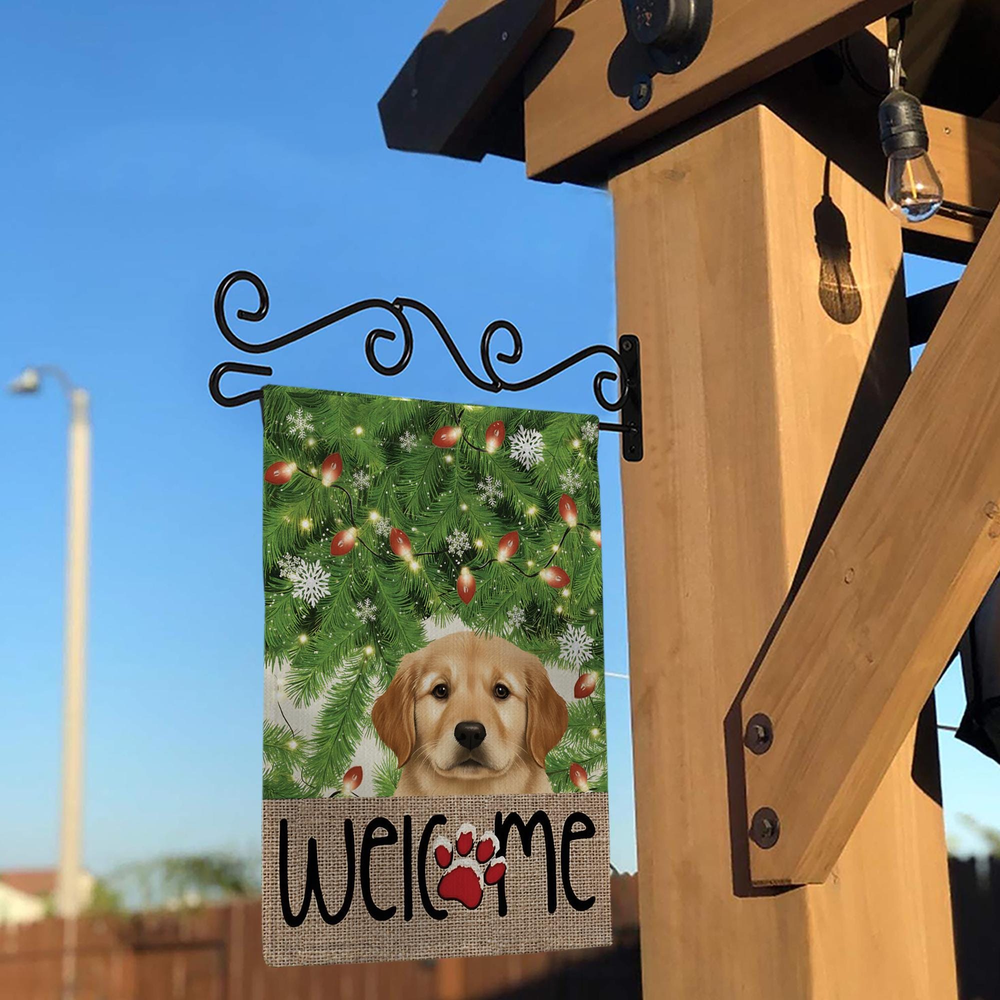 Christmas Garden Flag with Golden Retriever Puppy and Welcome Paw Print, Holiday Yard Decoration