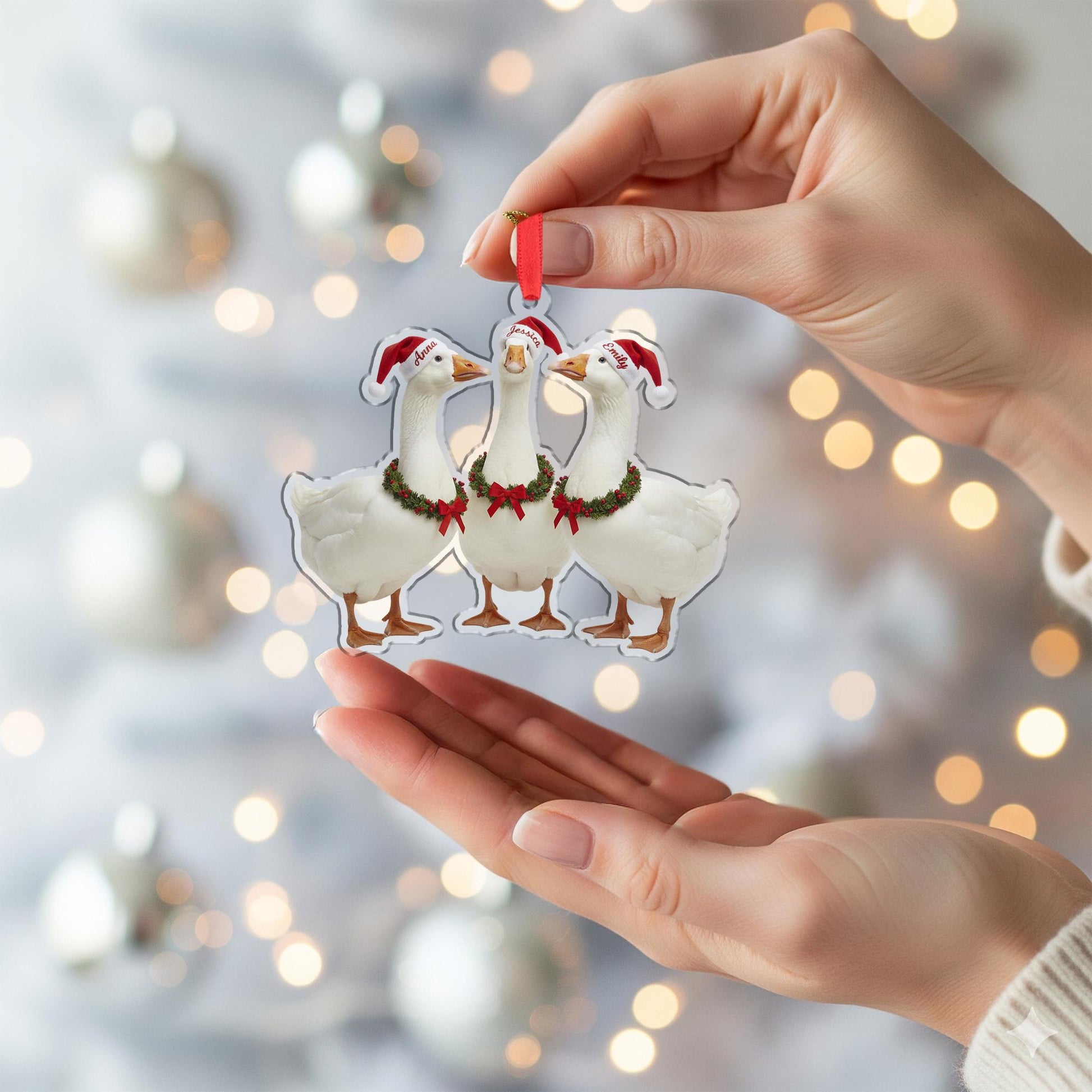 Personalized Goose Christmas Ornament – Acrylic Hanging Decoration with Santa Hat and Wreath Design