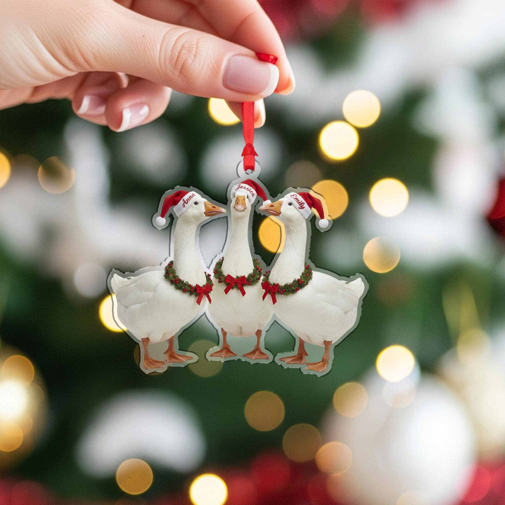 Personalized Goose Christmas Ornament – Acrylic Hanging Decoration with Santa Hat and Wreath Design