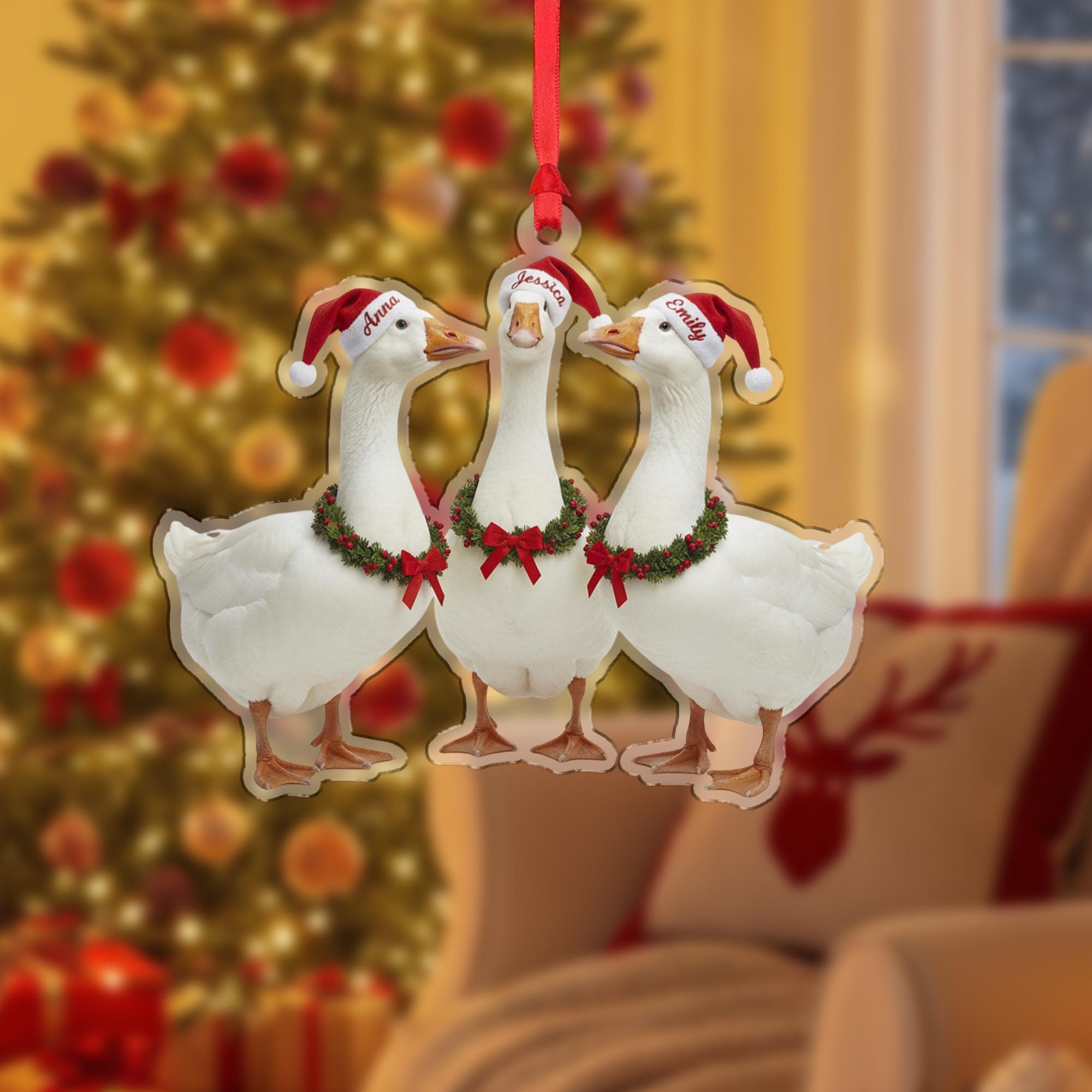 Personalized Goose Christmas Ornament – Acrylic Hanging Decoration with Santa Hat and Wreath Design