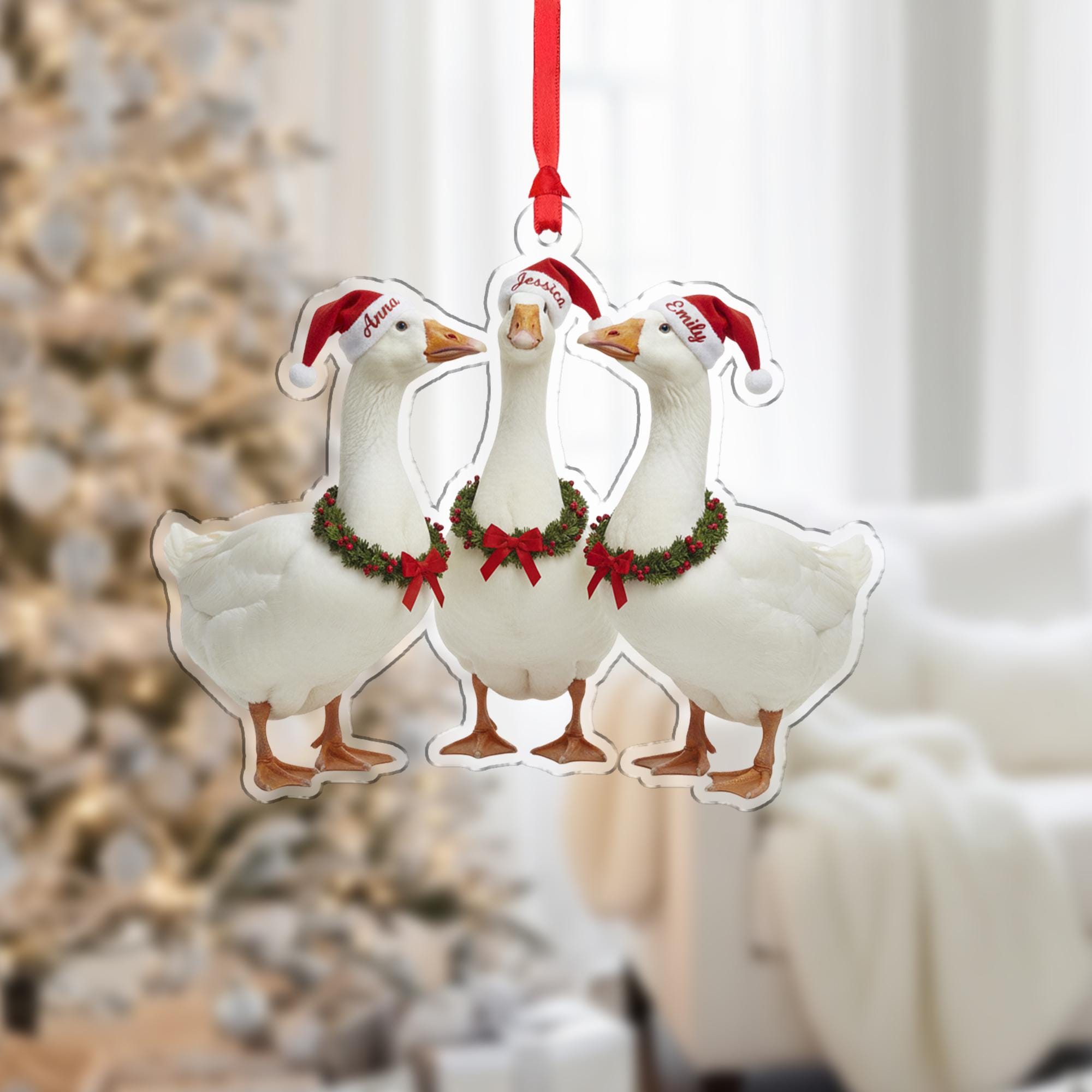 Personalized Goose Christmas Ornament – Acrylic Hanging Decoration with Santa Hat and Wreath Design