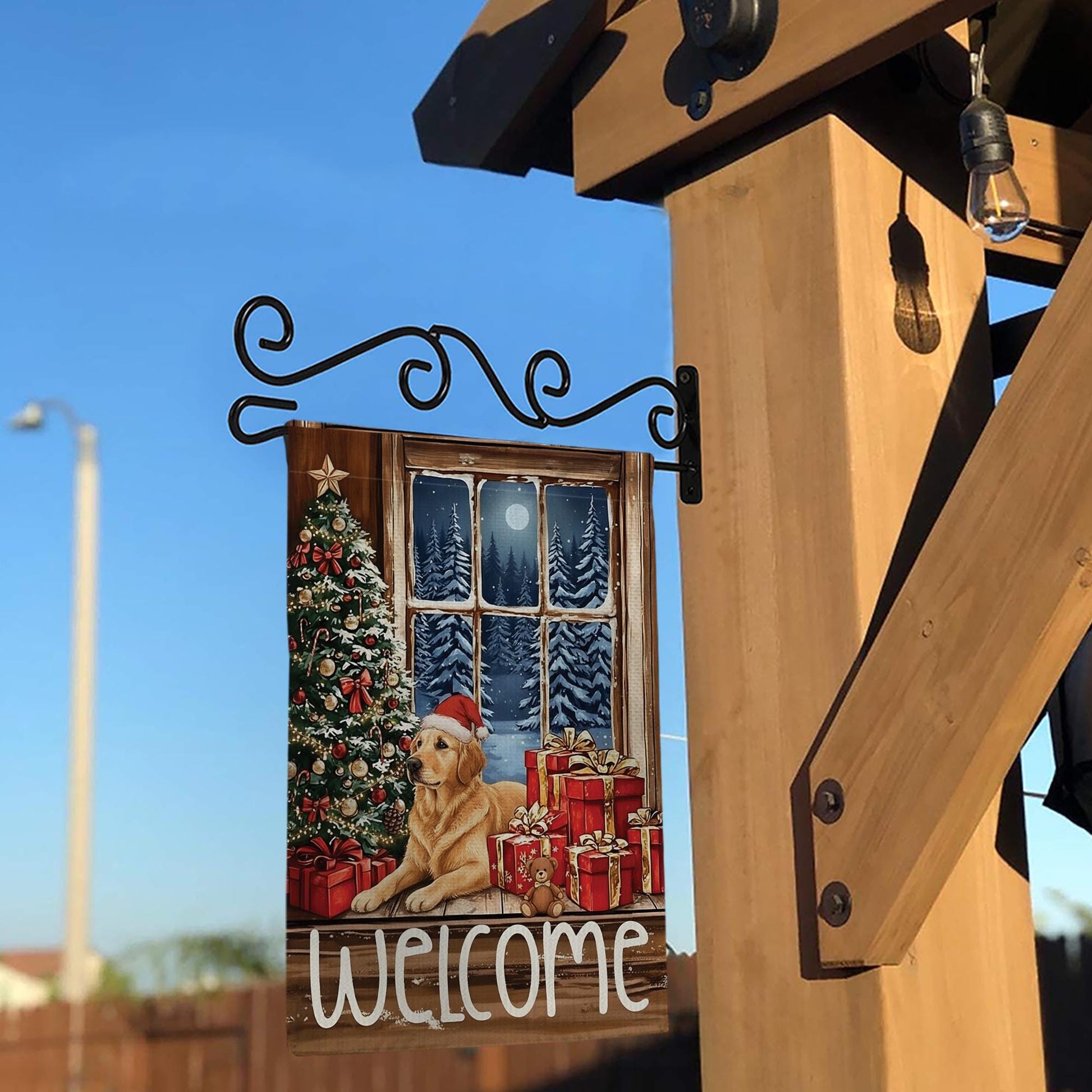 Golden Retriever Christmas Flag: Holiday Window Scene, Pine Tree Decor