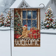 Golden Retriever Christmas Flag: Holiday Window Scene, Pine Tree Decor
