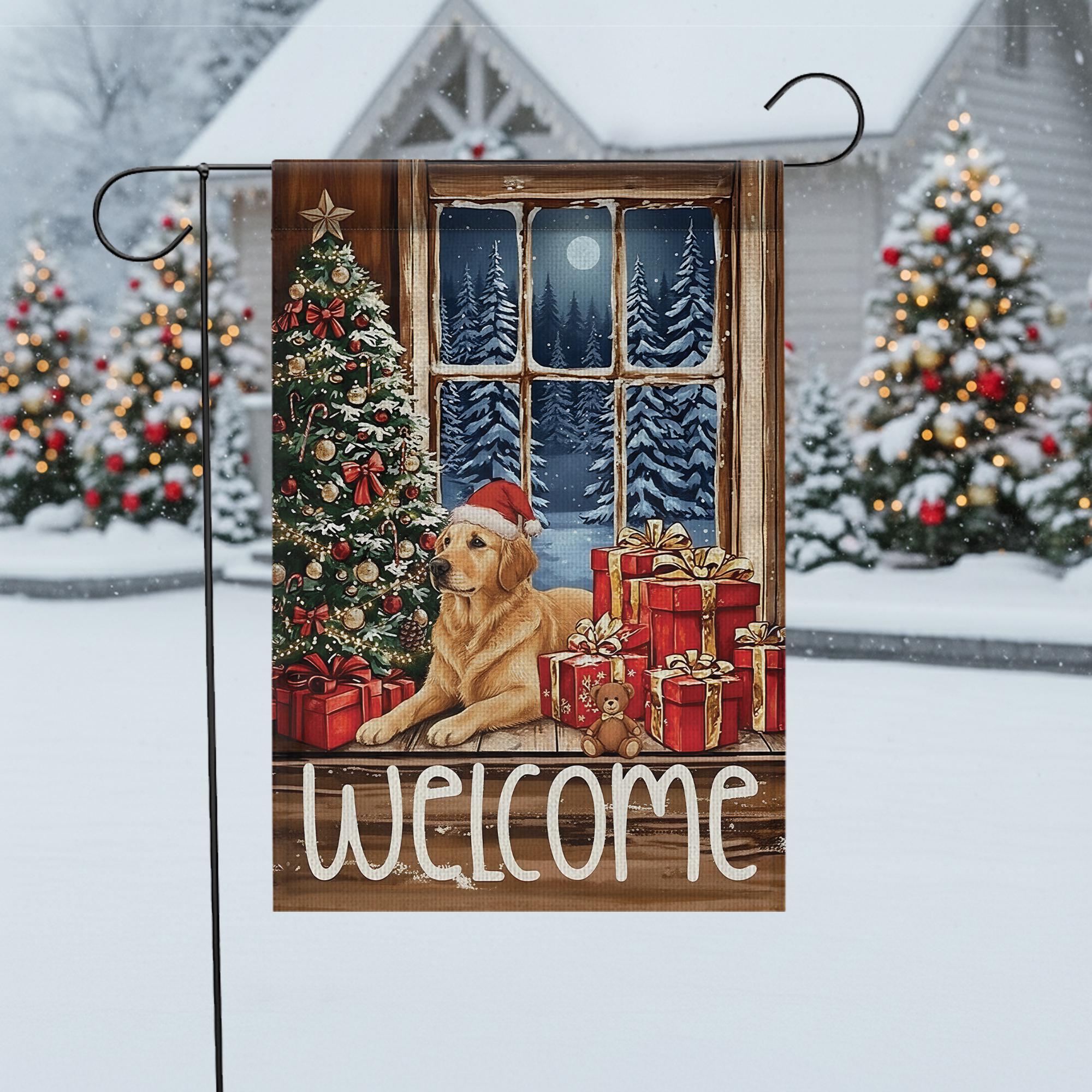 Golden Retriever Christmas Flag: Holiday Window Scene, Pine Tree Decor