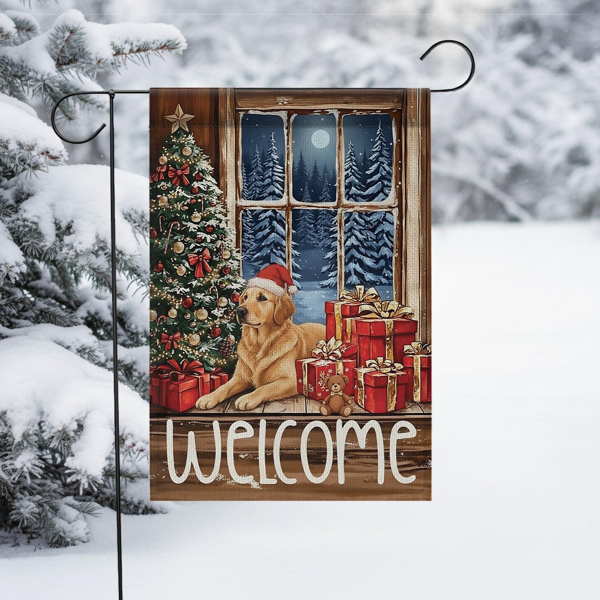Golden Retriever Christmas Flag: Holiday Window Scene, Pine Tree Decor