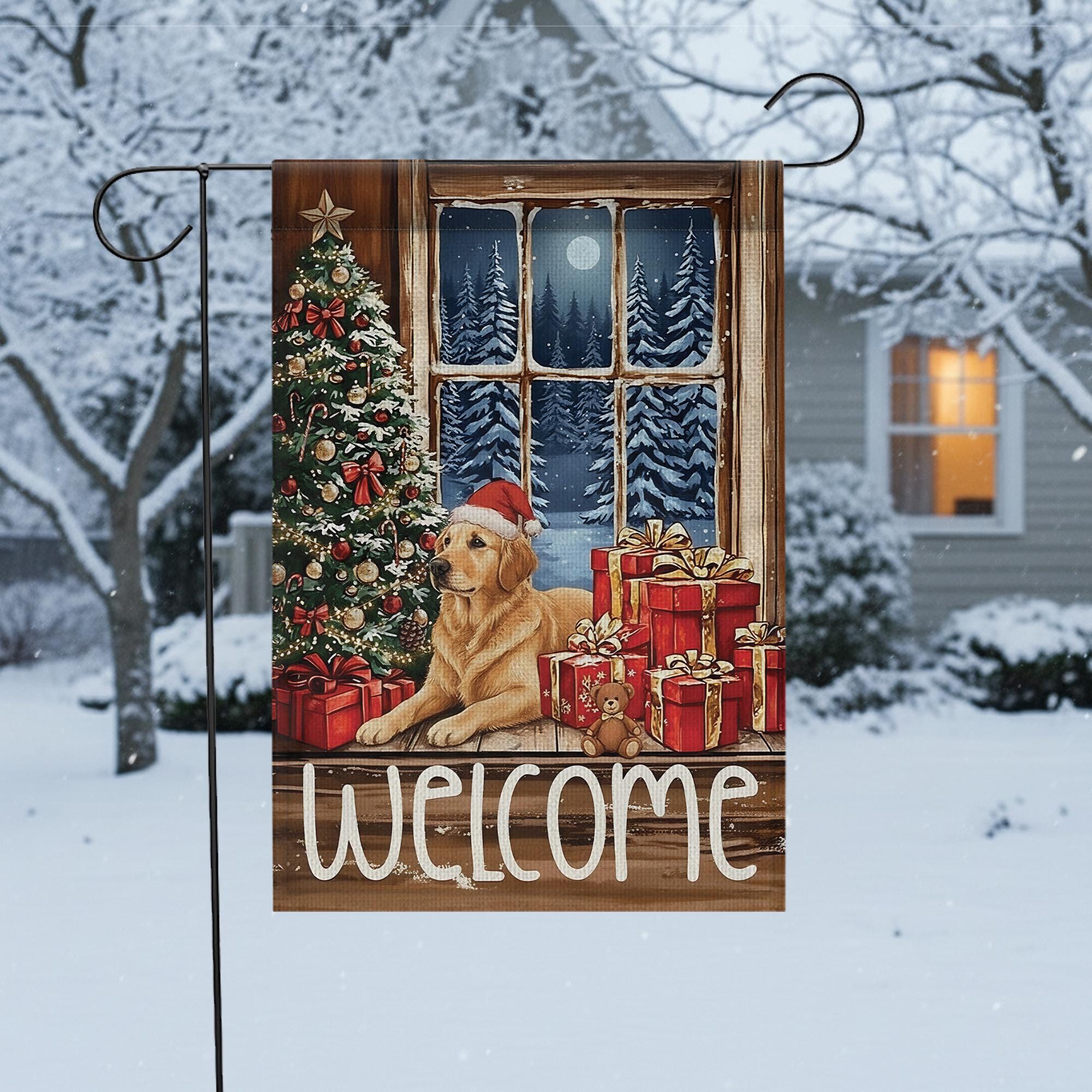 Golden Retriever Christmas Flag: Holiday Window Scene, Pine Tree Decor