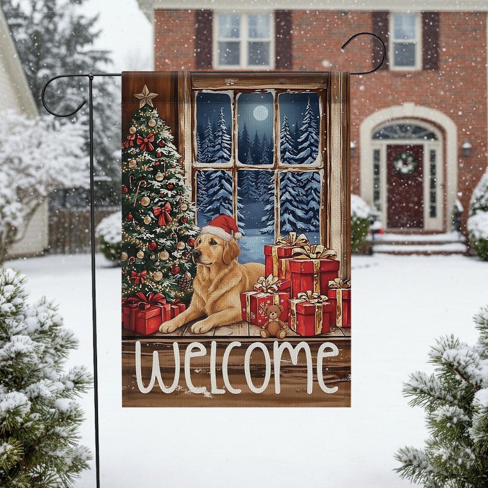 Golden Retriever Christmas Flag: Holiday Window Scene, Pine Tree Decor