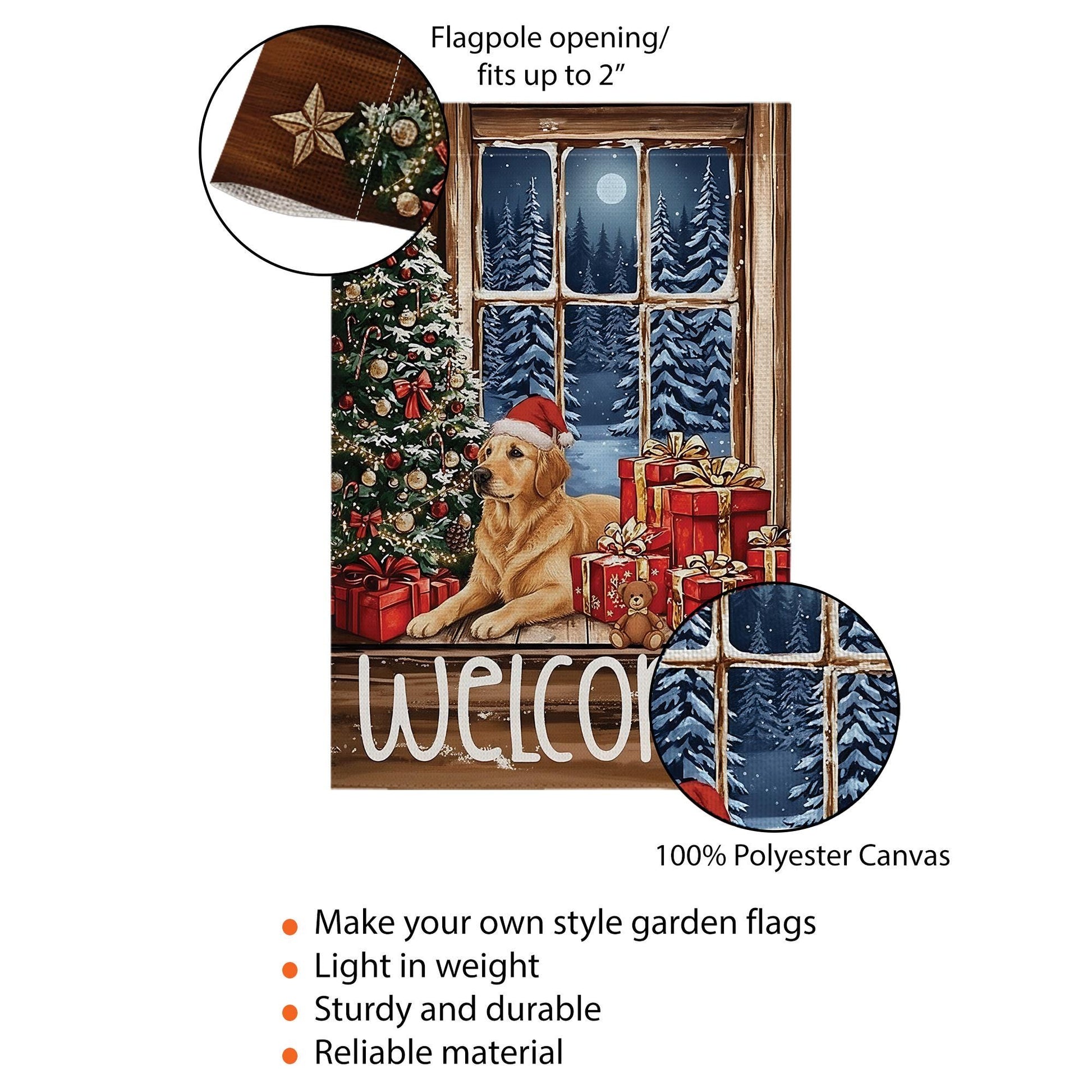 Golden Retriever Christmas Flag: Holiday Window Scene, Pine Tree Decor