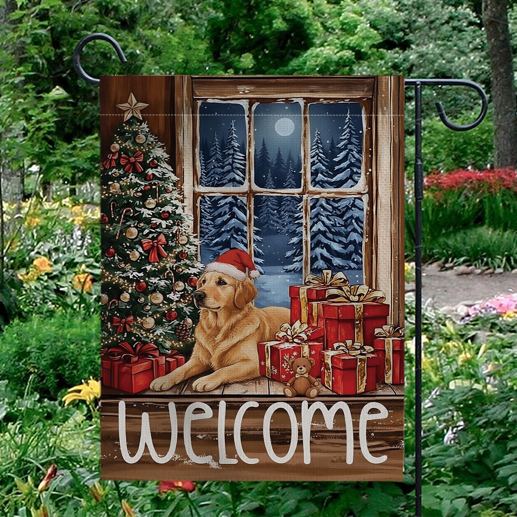 Golden Retriever Christmas Flag: Holiday Window Scene, Pine Tree Decor