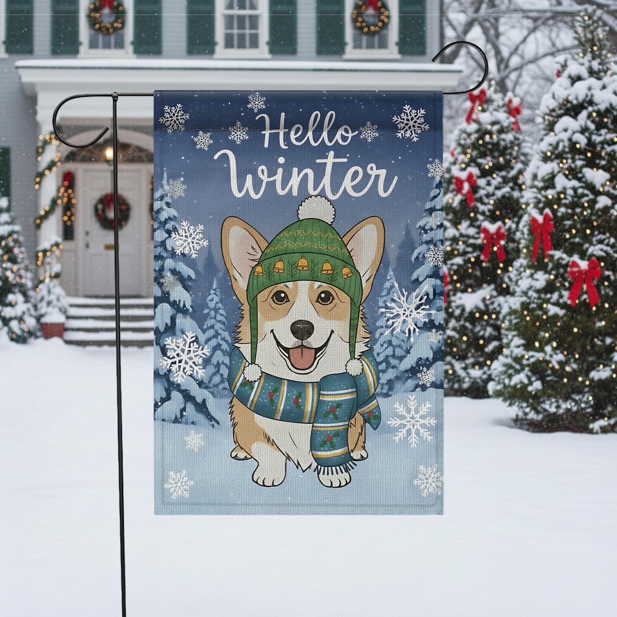 Winter Corgi Garden Flag – Seasonal Outdoor Yard Decor with Dog, Snowflakes, and Trees