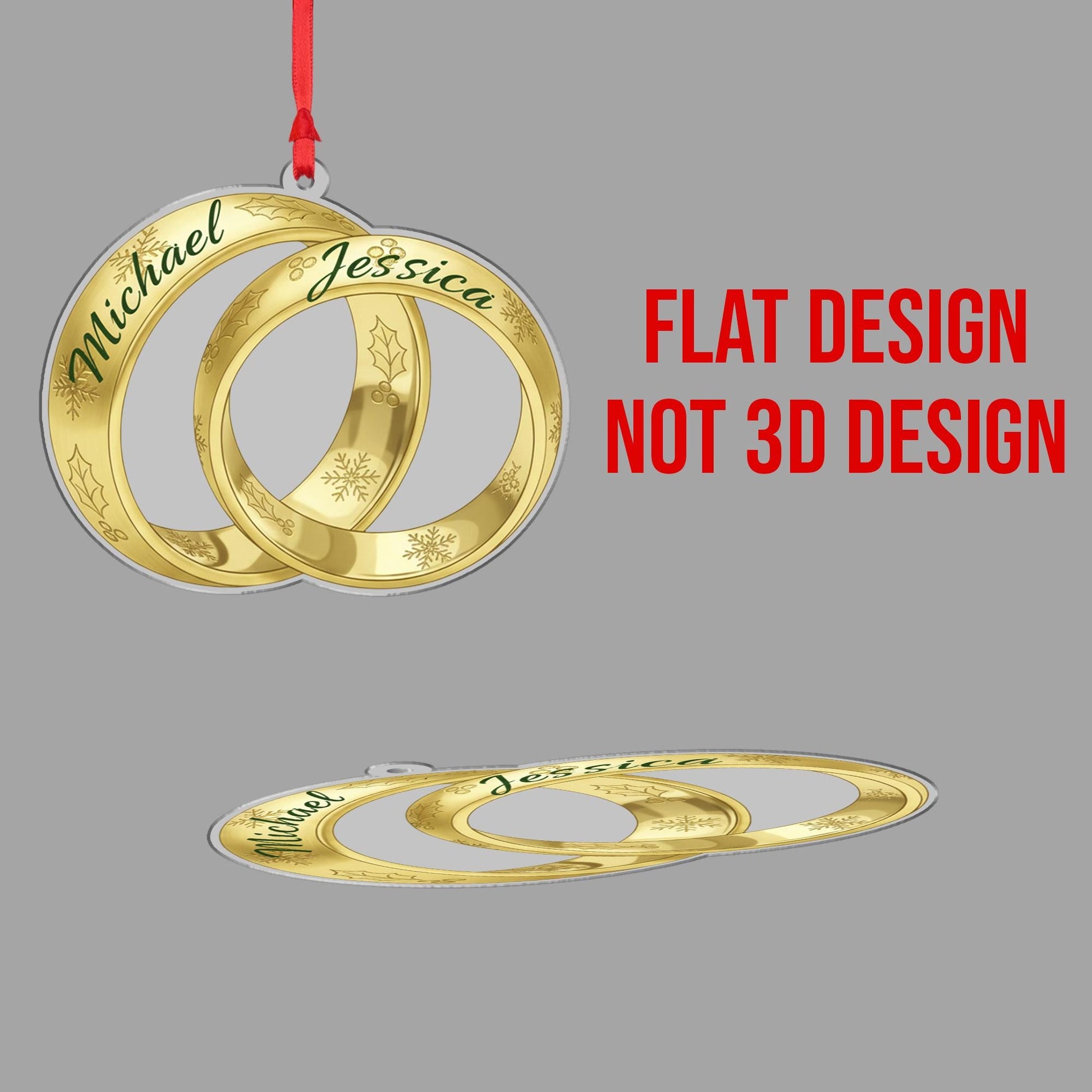 Personalized Wedding Rings Christmas Ornament – Acrylic Hanging Decoration with Gold Interlocking Design