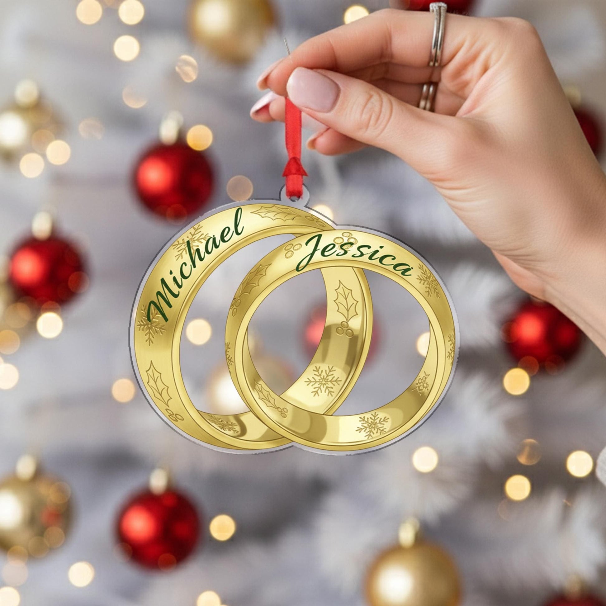 Personalized Wedding Rings Christmas Ornament – Acrylic Hanging Decoration with Gold Interlocking Design