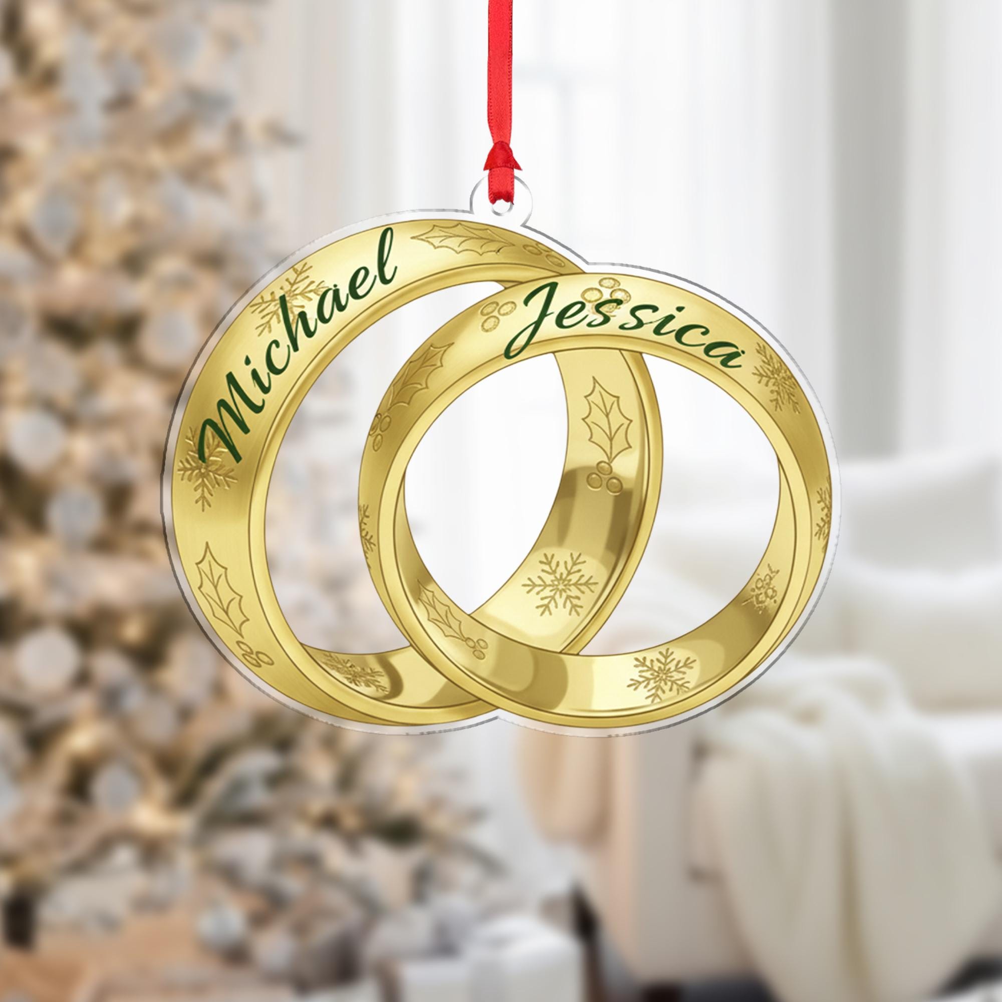 Personalized Wedding Rings Christmas Ornament – Acrylic Hanging Decoration with Gold Interlocking Design
