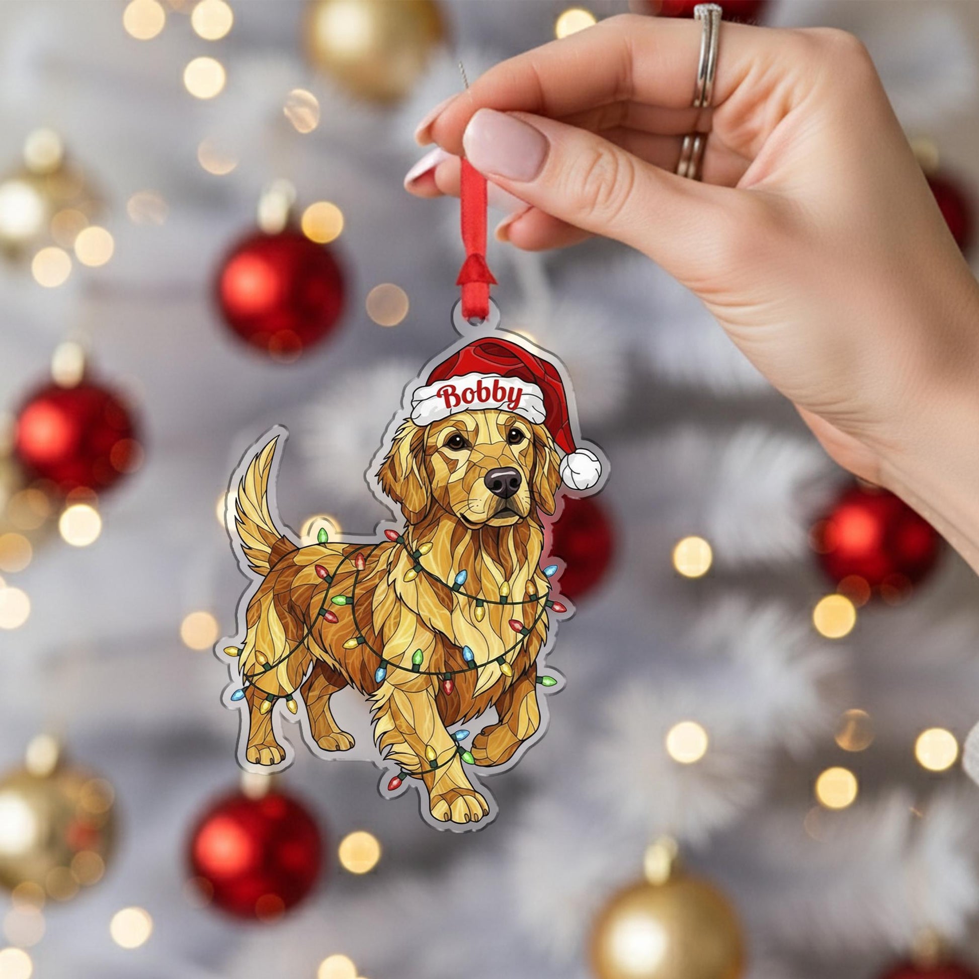 Dog Santa Hat Ornament with Lights ‒ Golden Retriever Hanging Decor