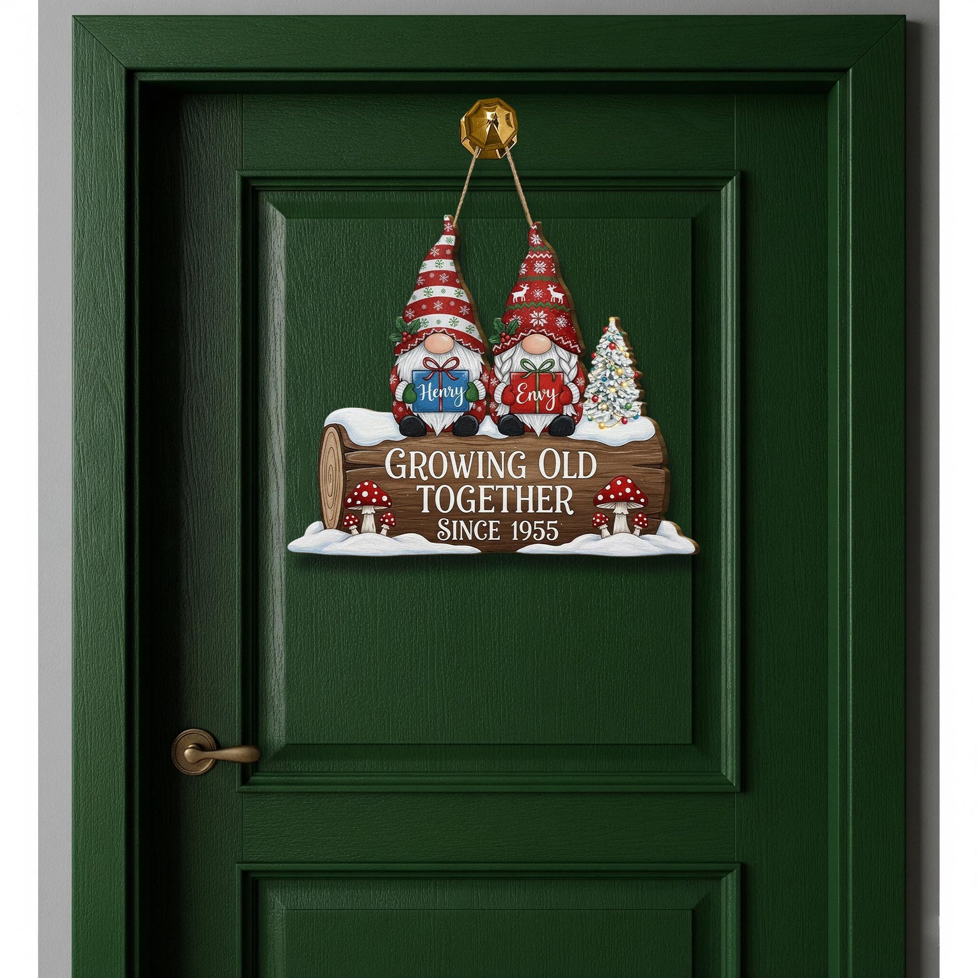 Personalized Wooden Sign – Growing Old Together Decoration with Gnome Couple and Anniversary Year