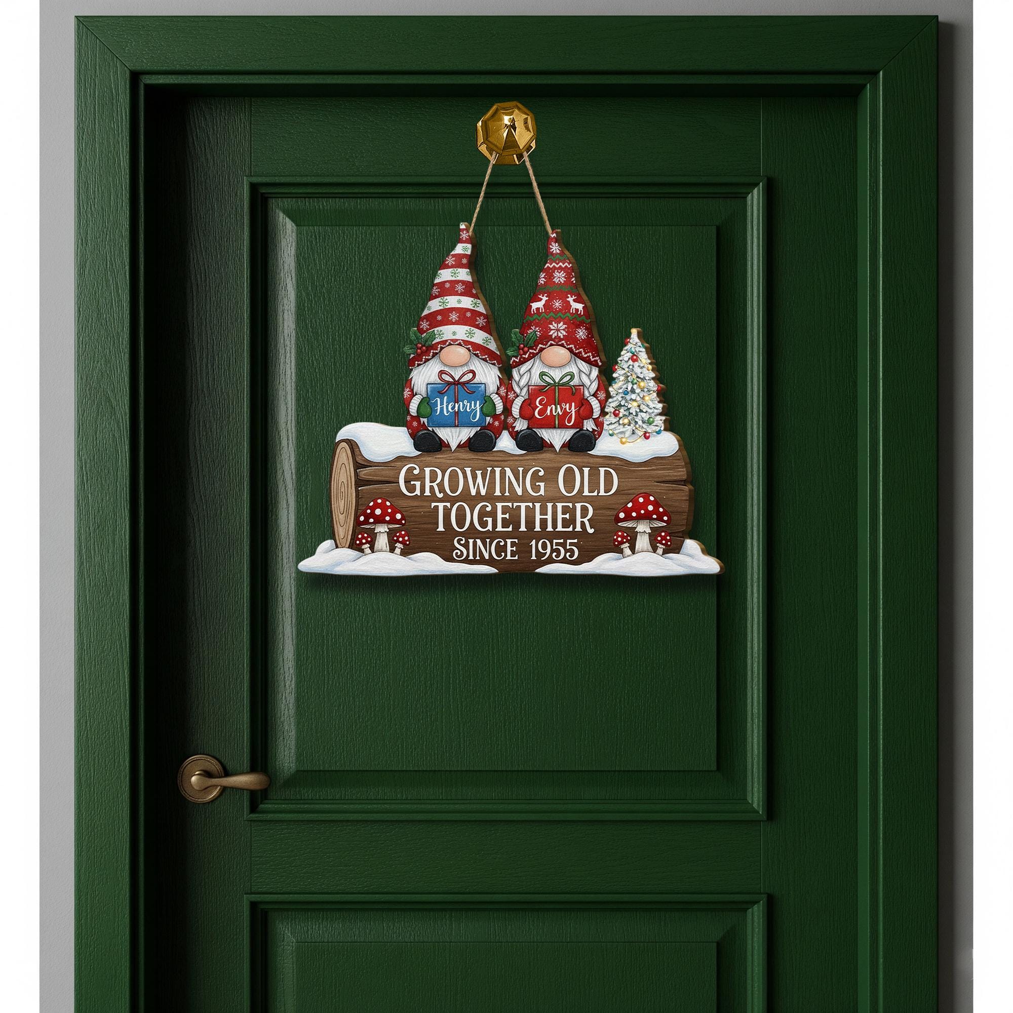 Personalized Wooden Sign – Growing Old Together Decoration with Gnome Couple and Anniversary Year
