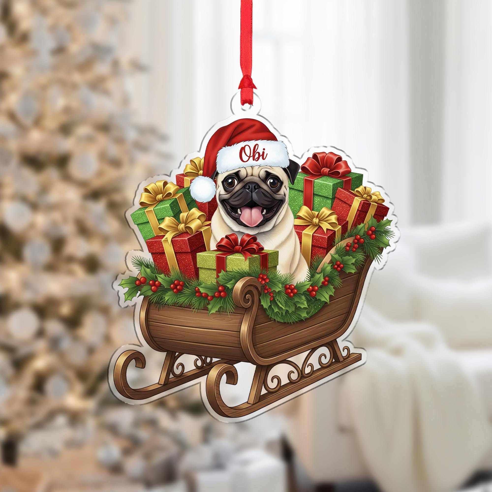 Personalized Pug Christmas Ornament – Custom Name Dog Sleigh Decoration, Holiday Tree Keepsake