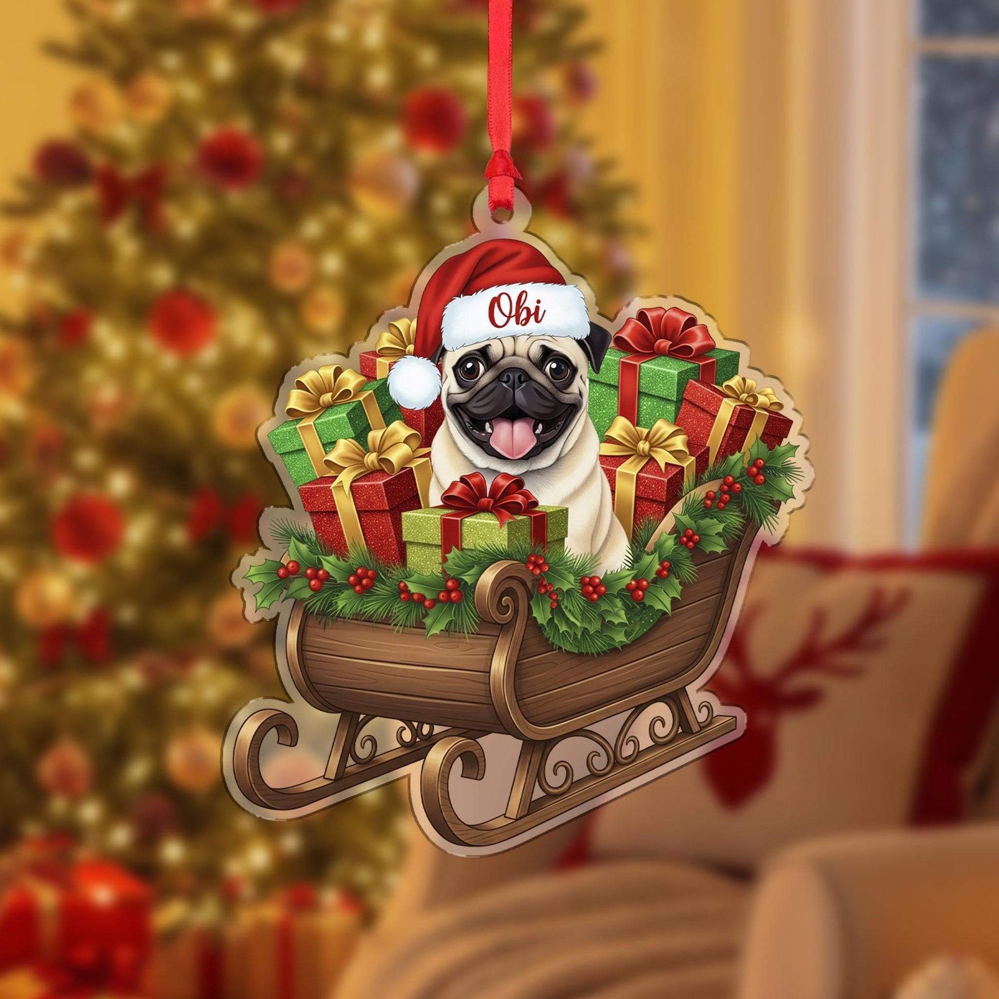 Personalized Pug Christmas Ornament – Custom Name Dog Sleigh Decoration, Holiday Tree Keepsake