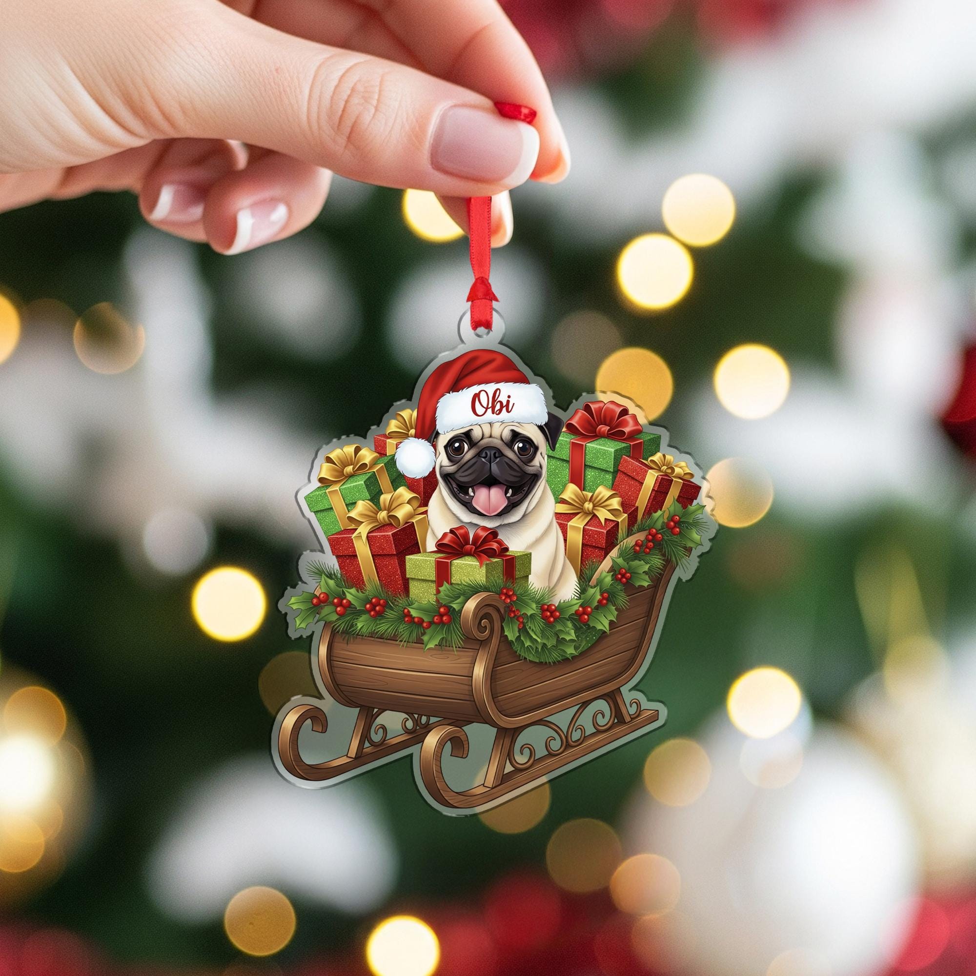 Personalized Pug Christmas Ornament – Custom Name Dog Sleigh Decoration, Holiday Tree Keepsake