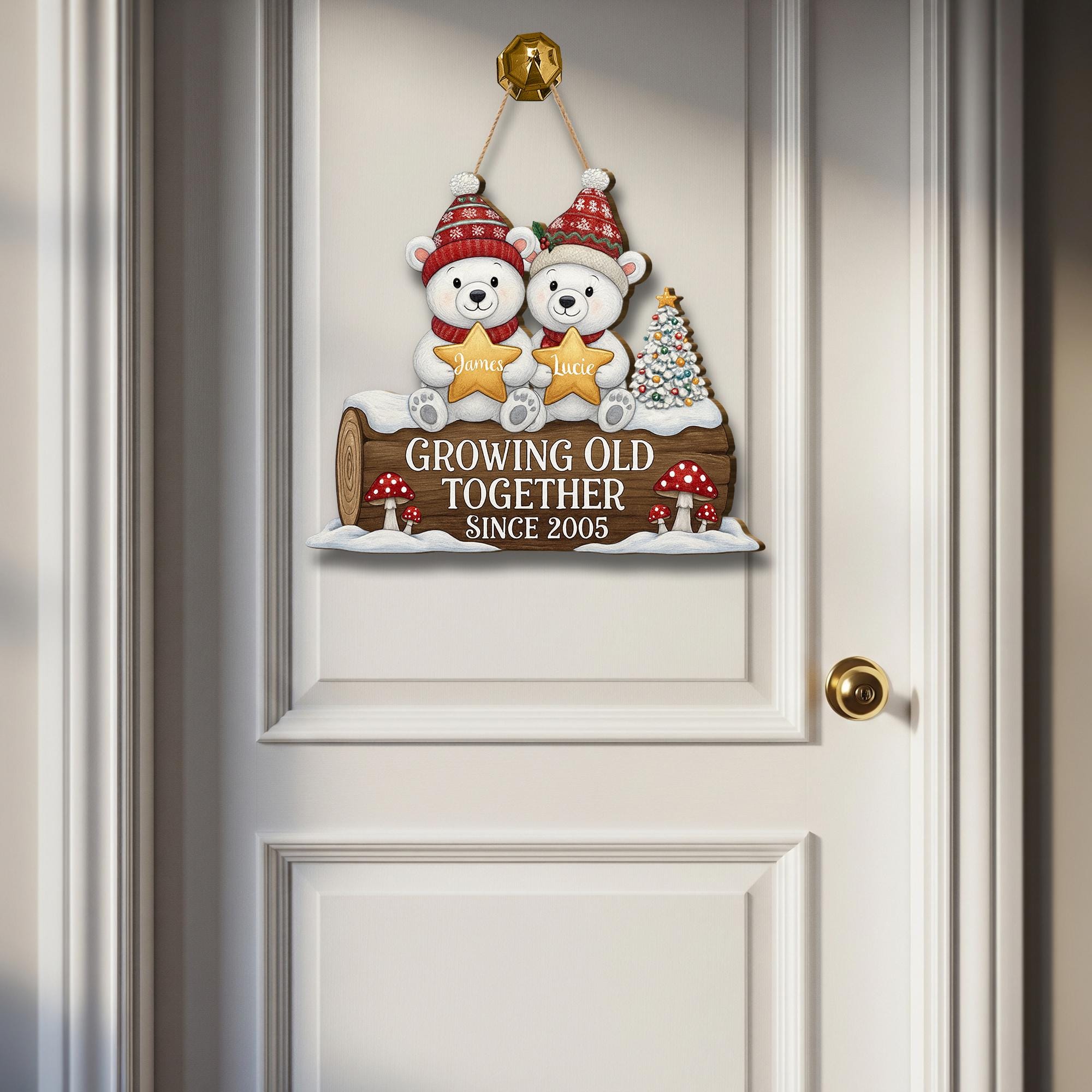 Personalized Wooden Sign – Growing Old Together Decoration with Bear Couple and Anniversary Year