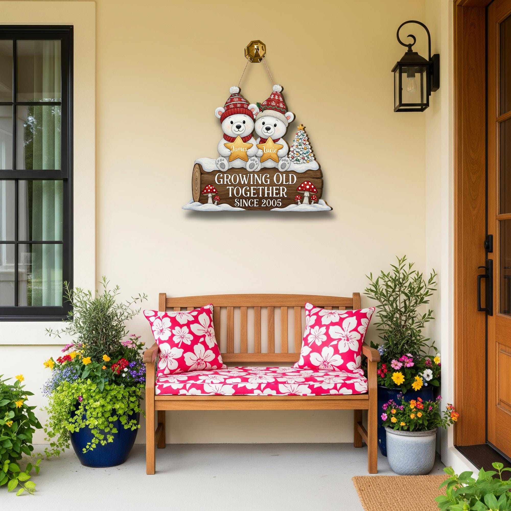 Personalized Wooden Sign – Growing Old Together Decoration with Bear Couple and Anniversary Year