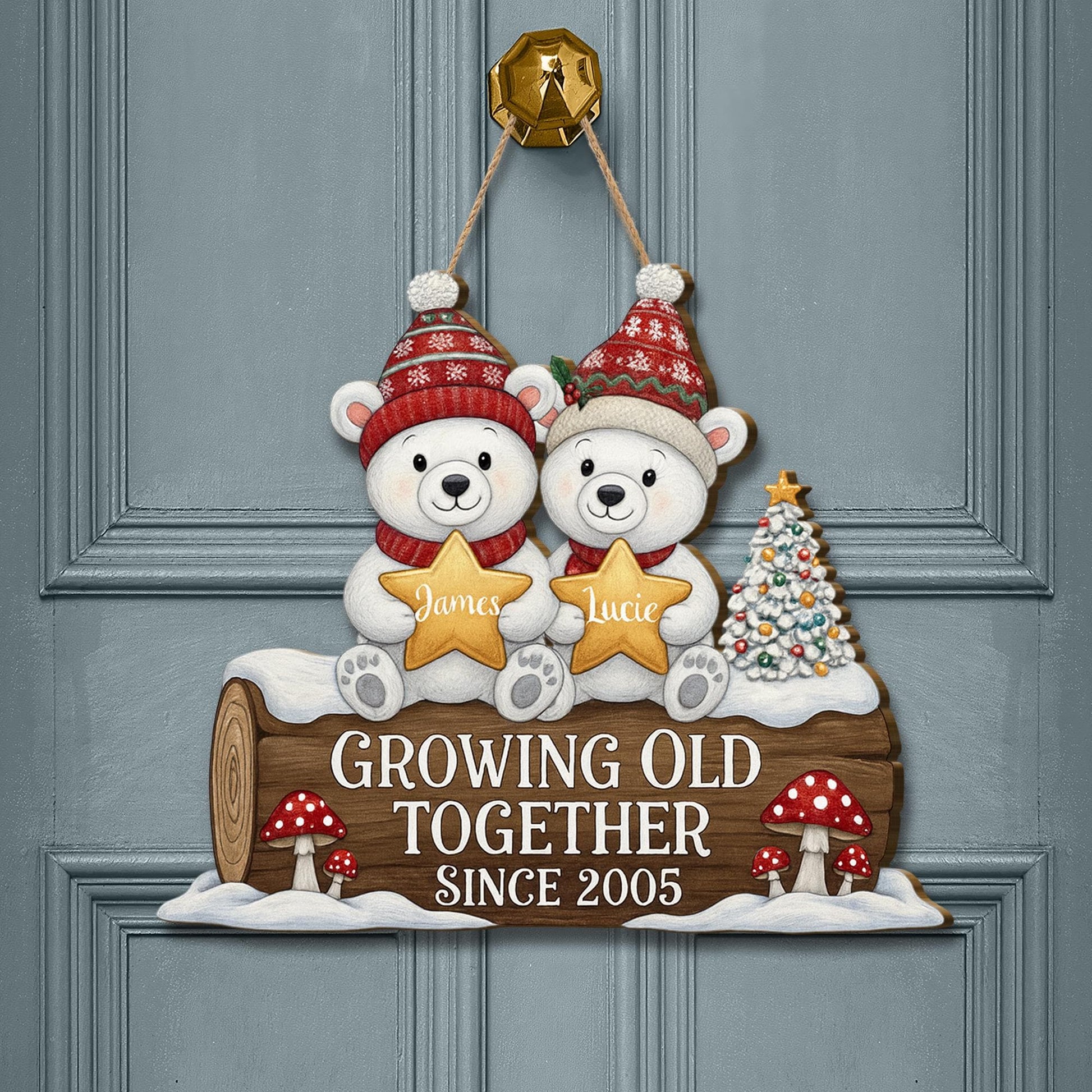 Personalized Wooden Sign – Growing Old Together Decoration with Bear Couple and Anniversary Year