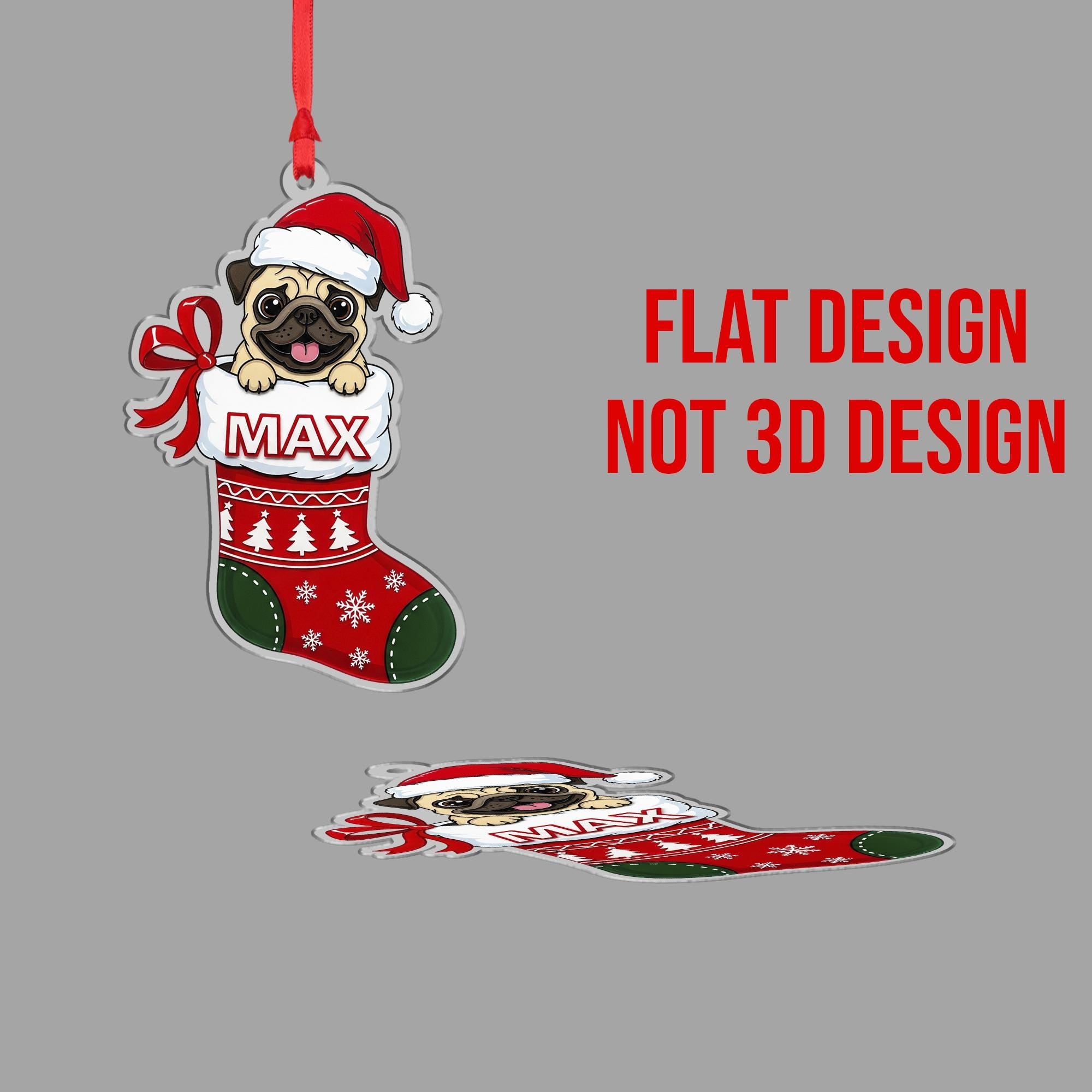 Personalized Pug Christmas Ornament – Custom Name Dog Stocking Decoration, Holiday Tree Keepsake