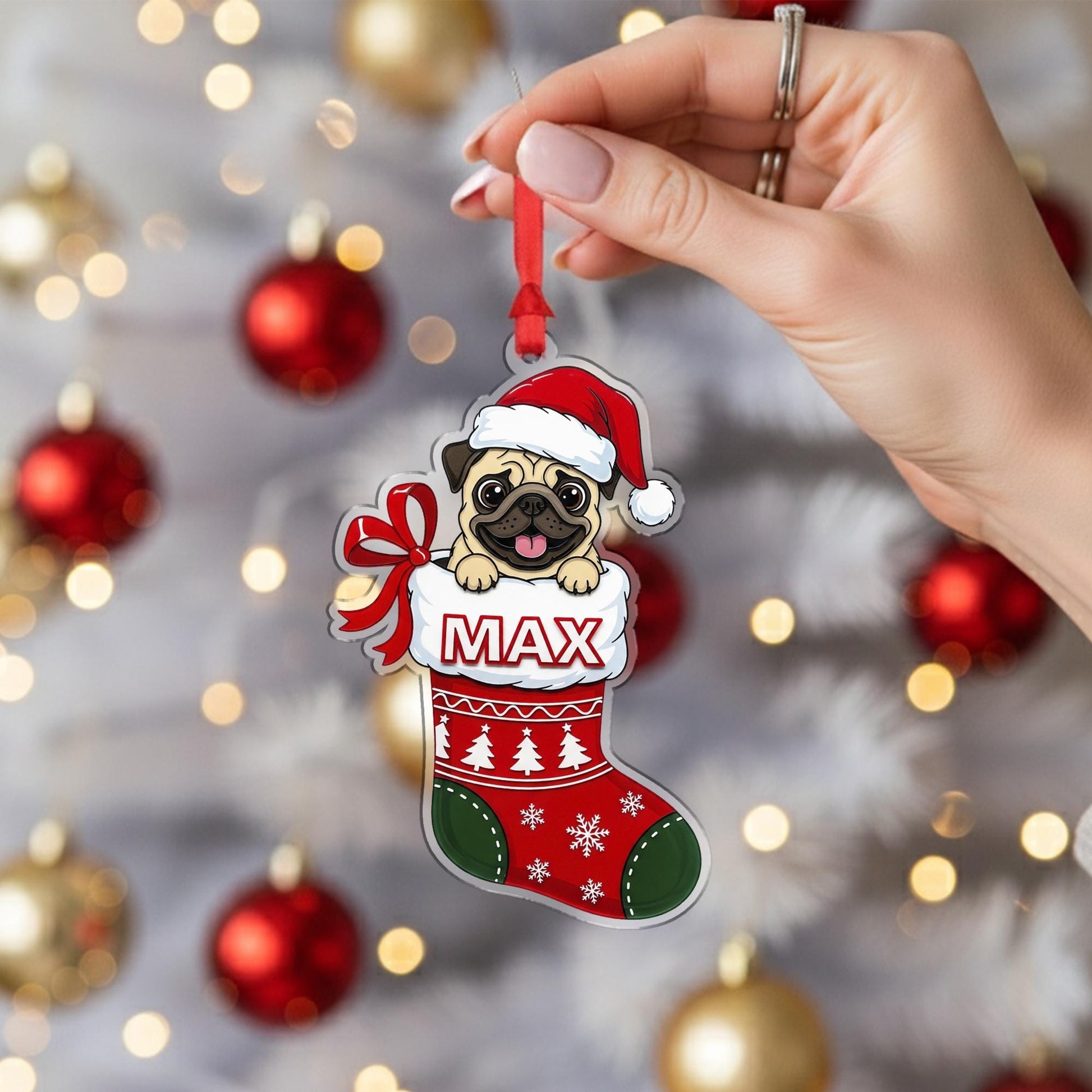 Personalized Pug Christmas Ornament – Custom Name Dog Stocking Decoration, Holiday Tree Keepsake